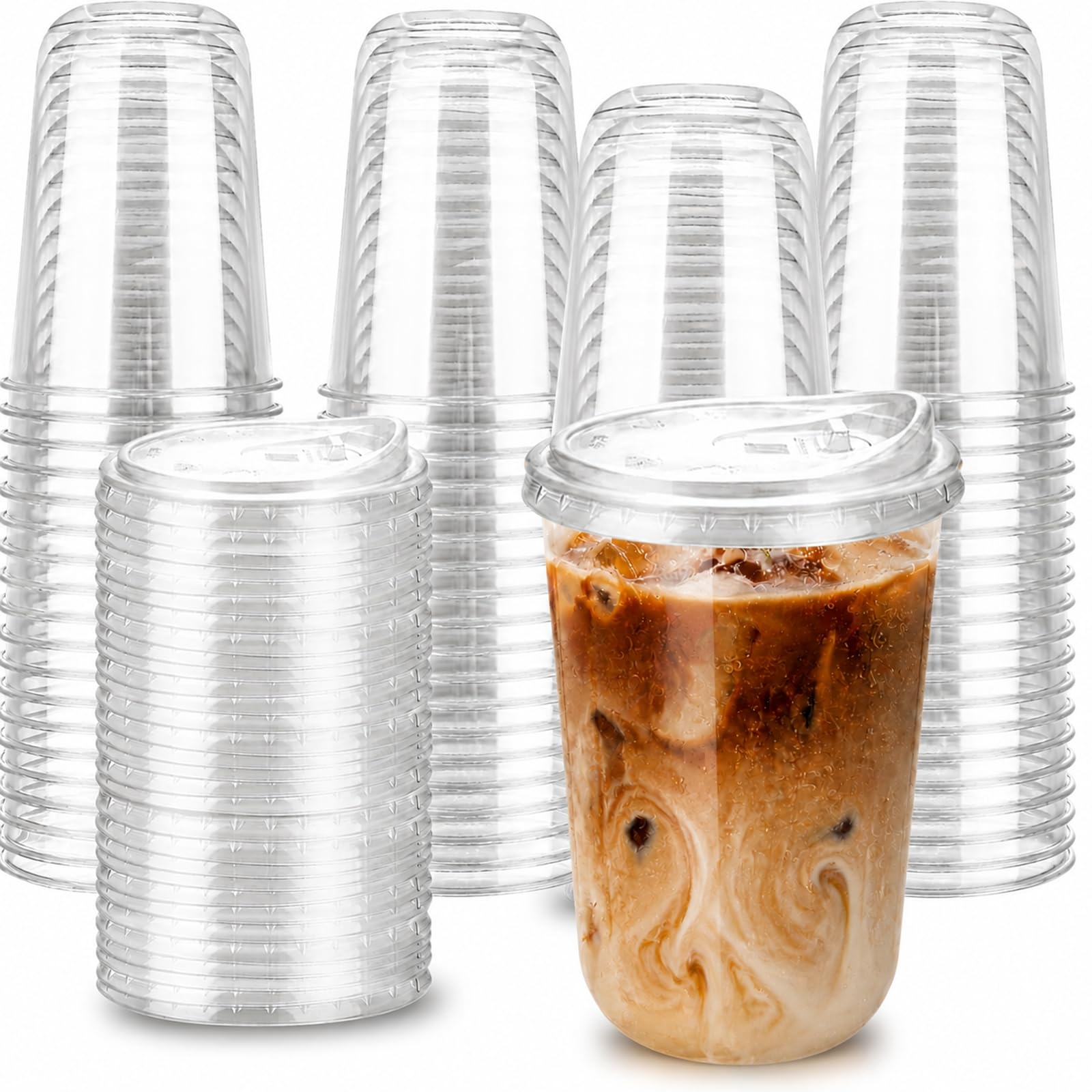 LUCKIYY 100 Pack 500ml(16oz) Clear Plastic Cups with Strawless Lips - Reusable PET Takeaway Coffee Cups for Iced Coffee Bubble Tea Smoothies & Cold Drinks, Plastic Cup Party & Commercial Drinkware