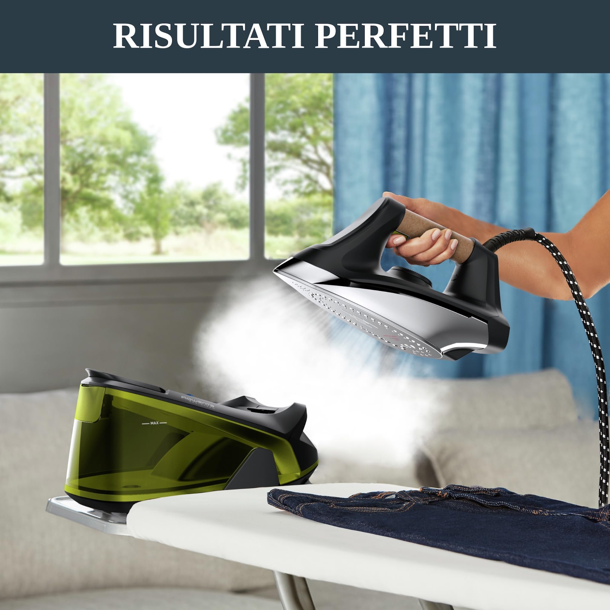 Rowenta VR7360 Easy Steam Generatore a Vapore, Erogazione Continua da 110 G/Min, Getto da 270 G/Min, Riscaldamneto Rapido in 2 Min, Vapore Verticale, Nero/Verde