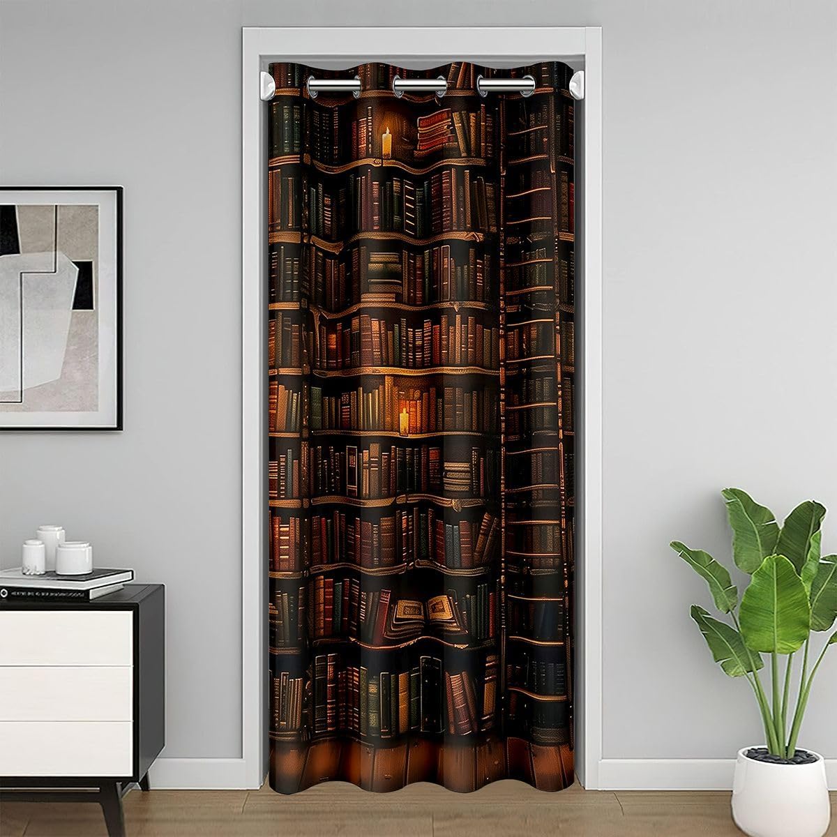 Castle Fairy Retro Book Door Curtain,1 Panel 52" W X 80" L,Vintage Brown Bookshelf Books Door Drape for Bedroom Privacy,30%-50% Room Darkening Blackout Curtain for Bedroom