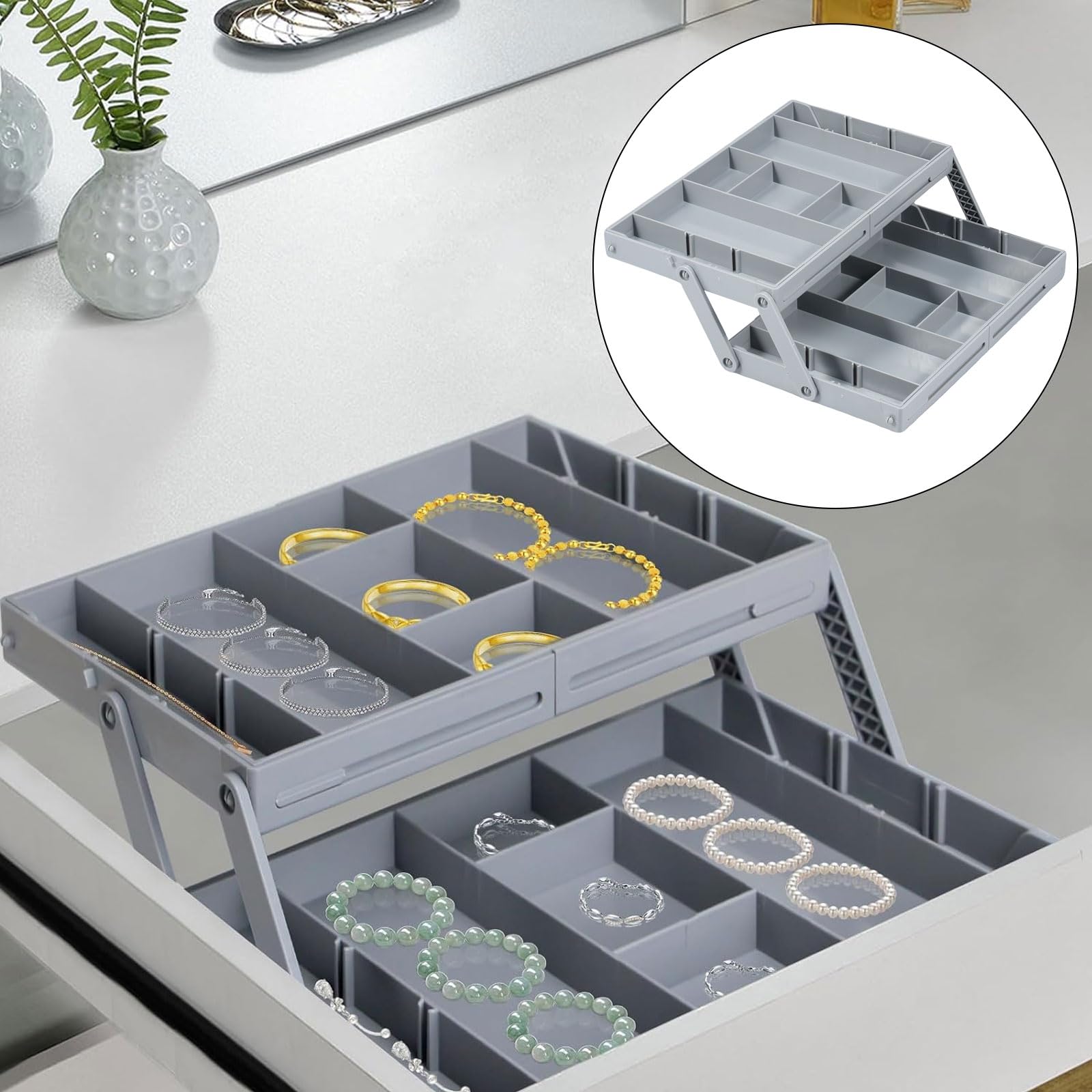 Plateau organisateur de tiroir, organisateur de tiroir à 2/3 niveaux multi-niveaux pliable intelligent, plateaux organisateurs de bureau extensibles pour fournitures de bureau, ustensiles de cuisine