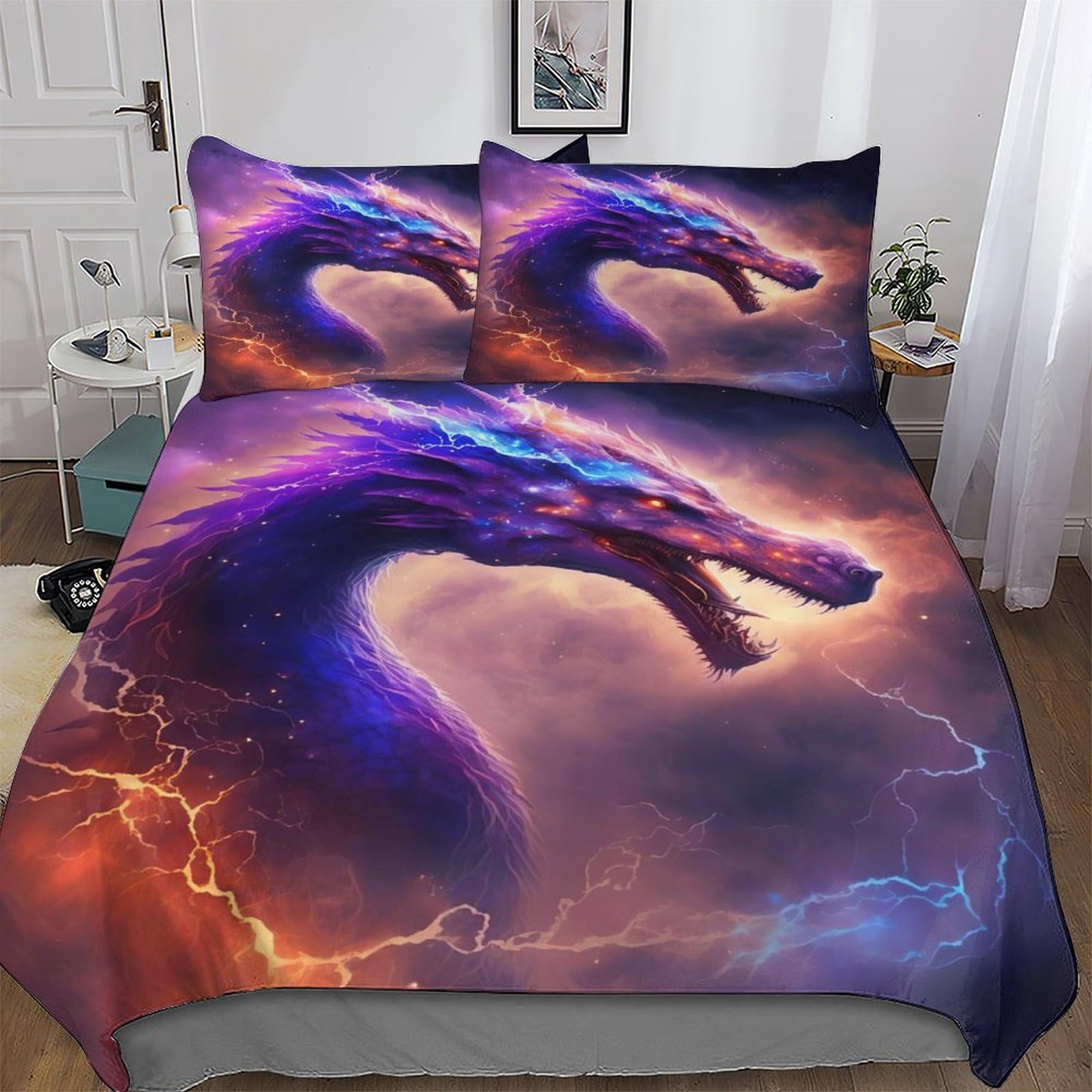 Parure de lit dragon housse de couette 200x200 en coton confortable avec taie d'oreiller