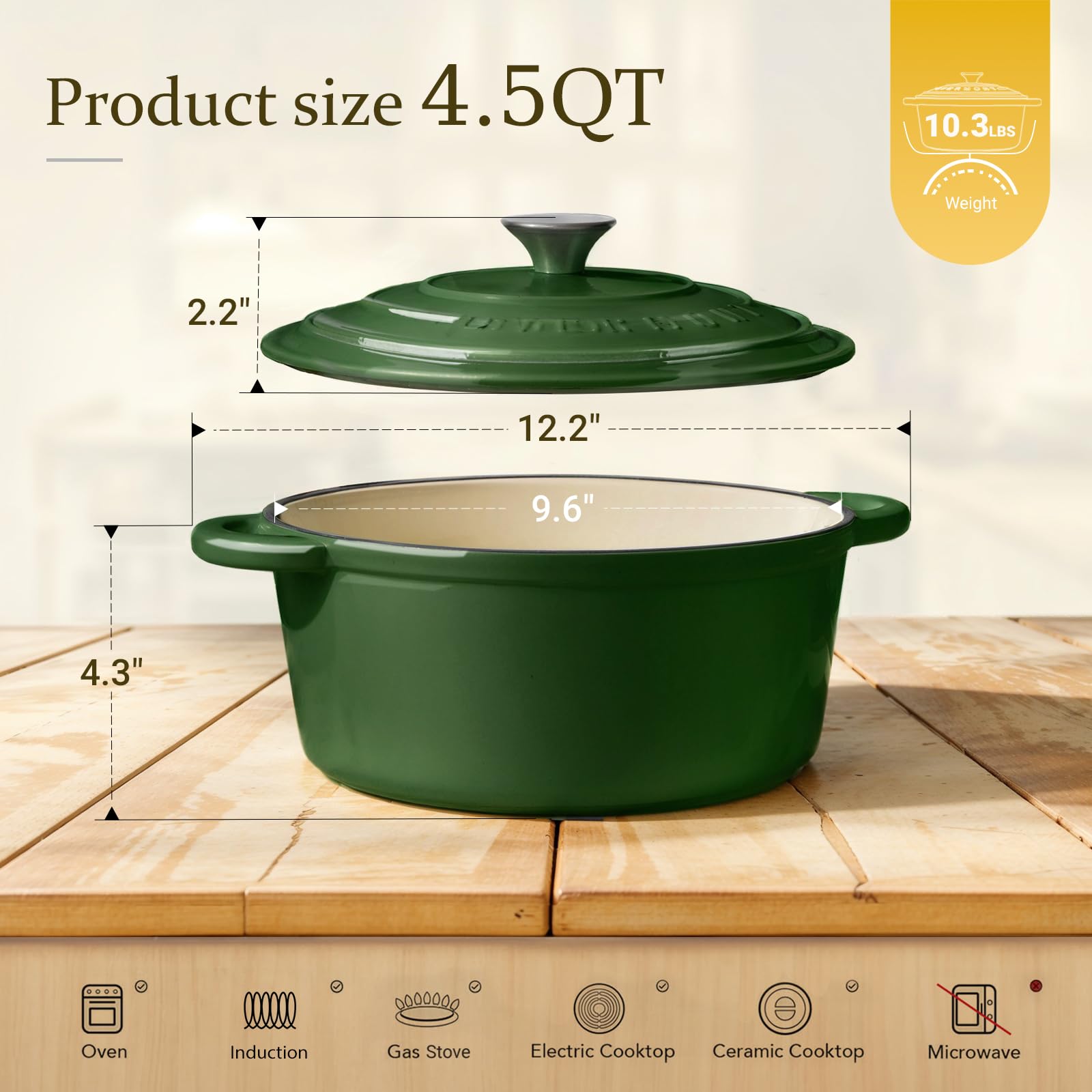 Overmont Bräter emaille Gusseisen Topf - Schmortopf 24cm backofengeeignet - mit Deckel und Kochbuch - für Küche Backen Schmoren Braten Leuchtgrün