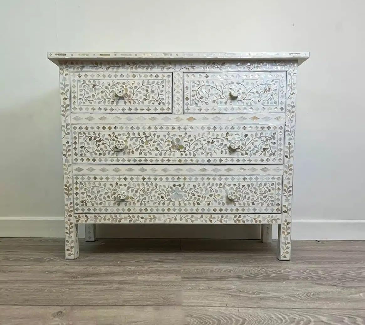 Floral Bone Inlay 4 Drawer Chest – White Colour, Handmade Storage Cabinet, W100 x D43 x H85 cm-image-47
