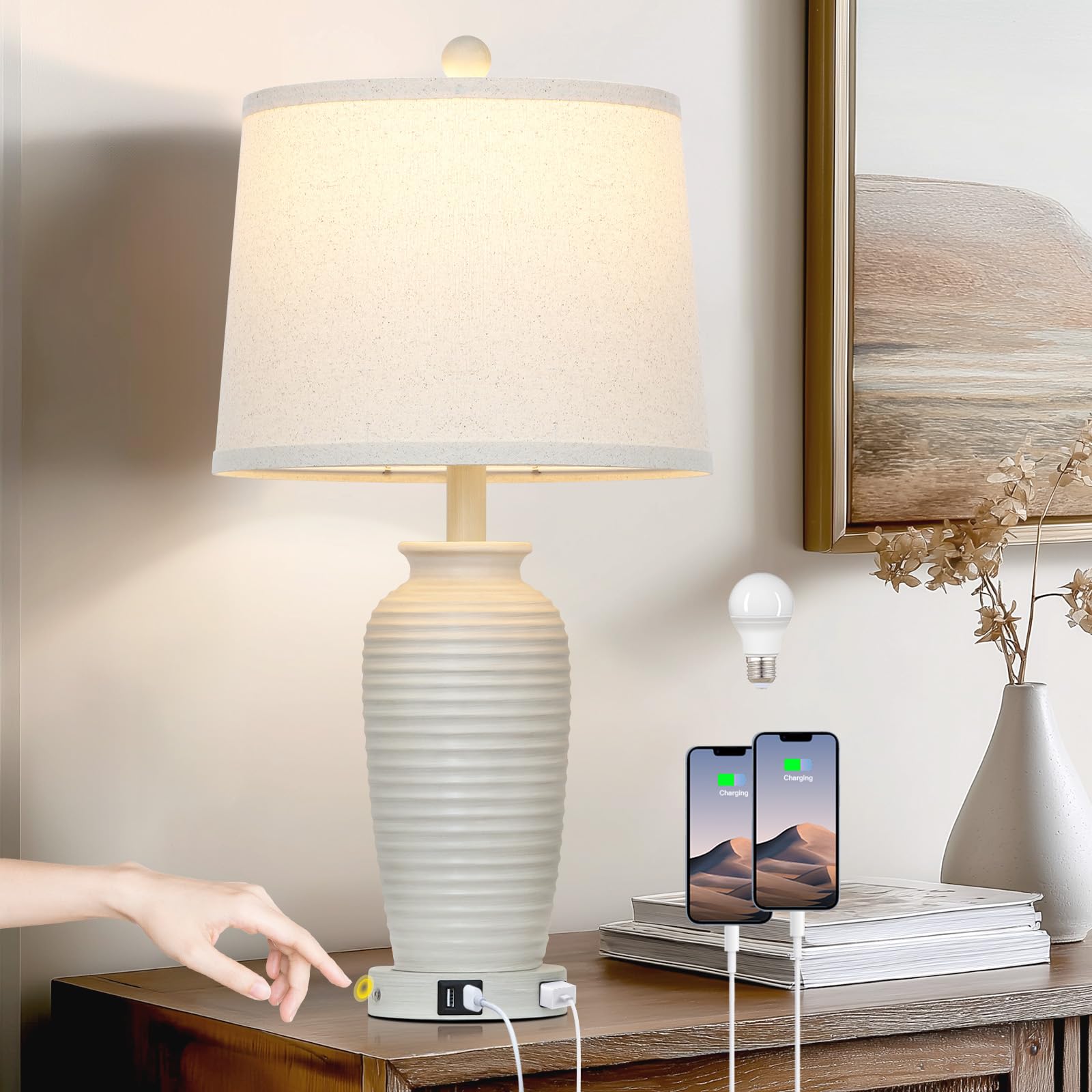 25 Vintage Farmhouse Jar Table Lamps Single Rustic Bedside Lamp with USB A C Ports AC Outlet Nightstand