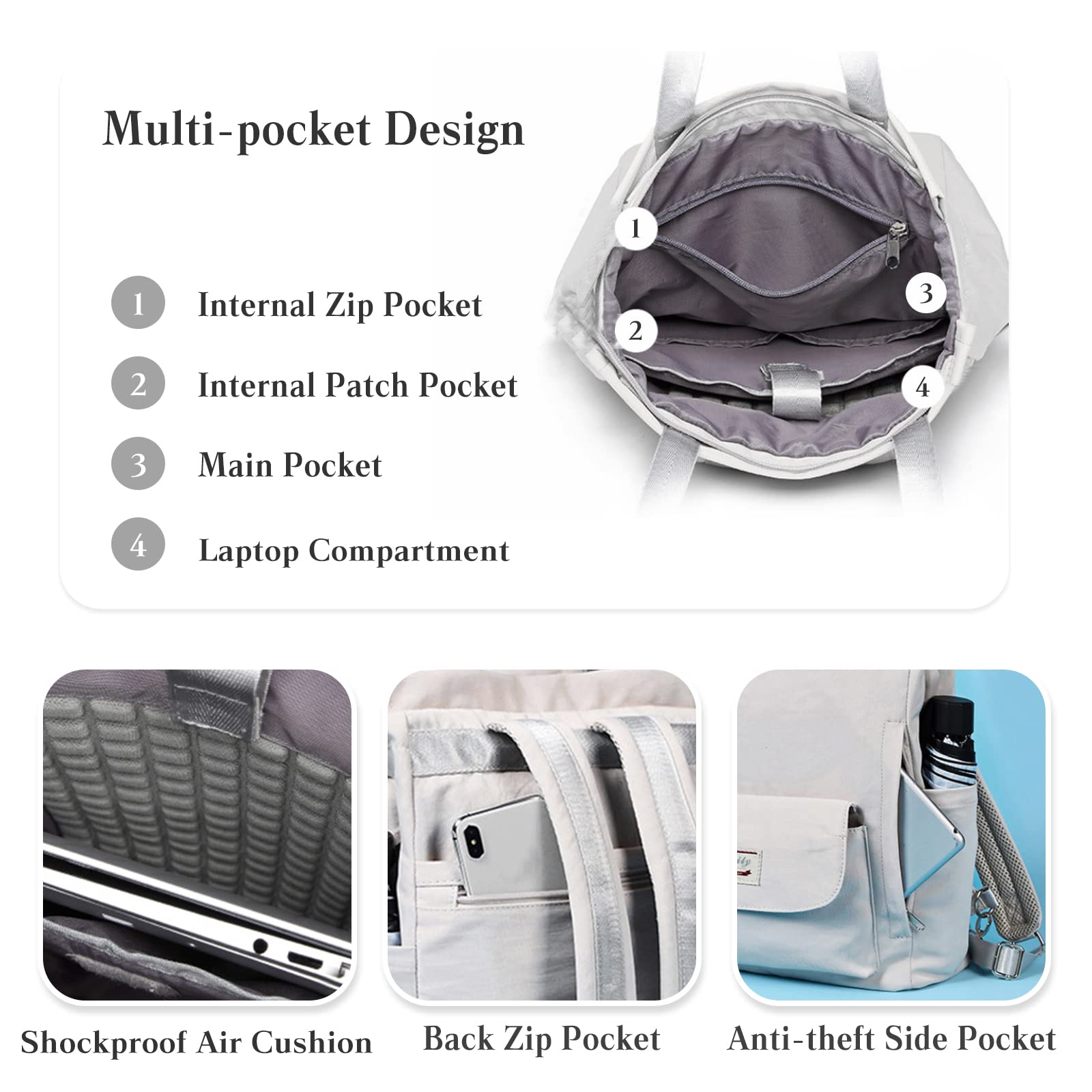 PORRASSO Women's Fashion Backpack - Waterproof Leather Daypack, Shoulder Bag, Grey - View #9