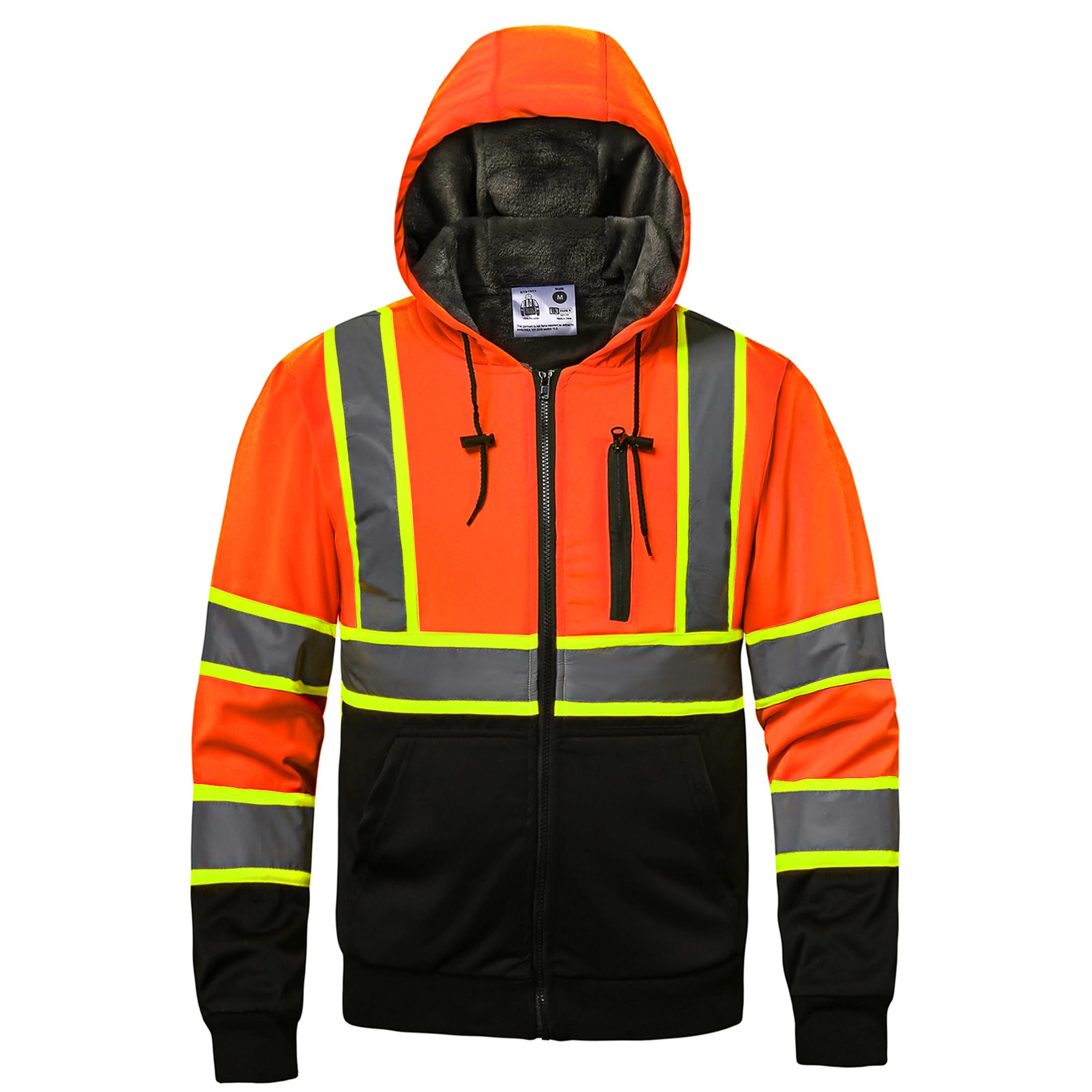 DPSAFETY High visibility Hoodie for Men,Class3 Hi Vis Hoodie,Fleece Lined Reflective Hooded,Construction work Hi-Vis Safety Sweatshirt,Black Bottom