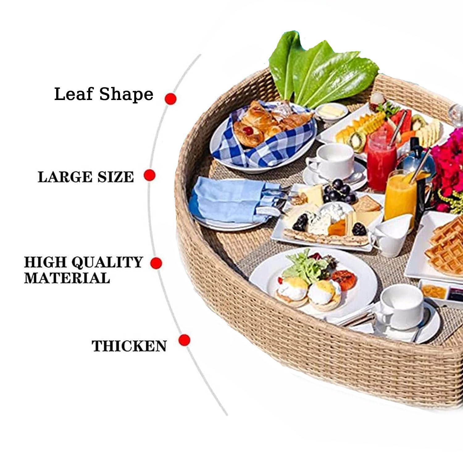 Bandeja de desayuno flotante tejida de ratán para piscina, bandeja de servir con base pesada, soporte para bebidas para barra de arena, fiestas, brunch al aire libre