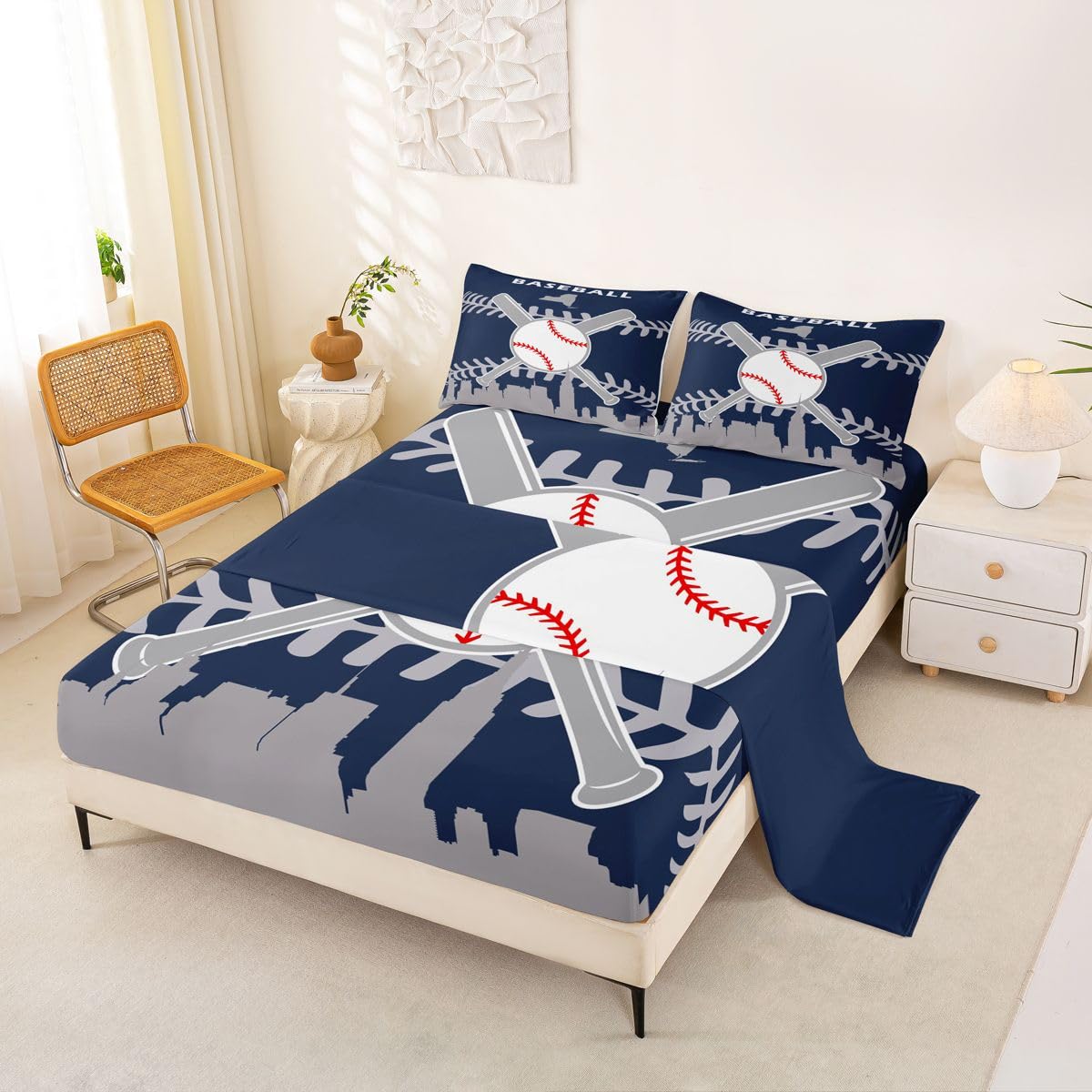 Erosebridal Basebal Team Bed Sheets Set King for Boys Youth Men,Kids Baseball Sheet Set for Gift,Retro Sports Sheets,Ball Bat Patchwork Flat Fitted