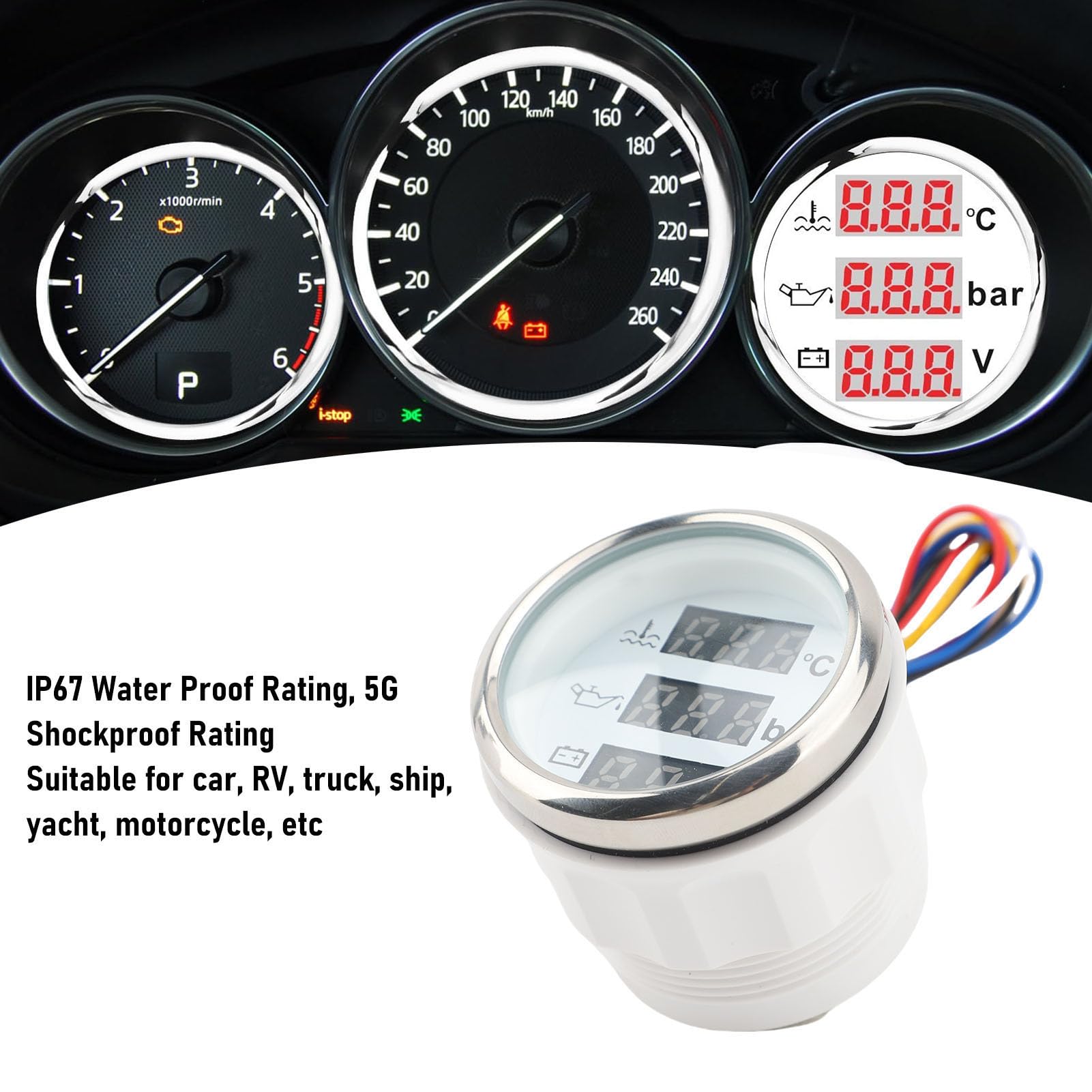 Generic Misuratore della Temperatura del Liquido di Raffreddamento del Motore e della Pressione Dell'olio Display Digitale 3 in 1 per Auto Barche Strumento Compatto da 52 Mm (Copertura argentata con