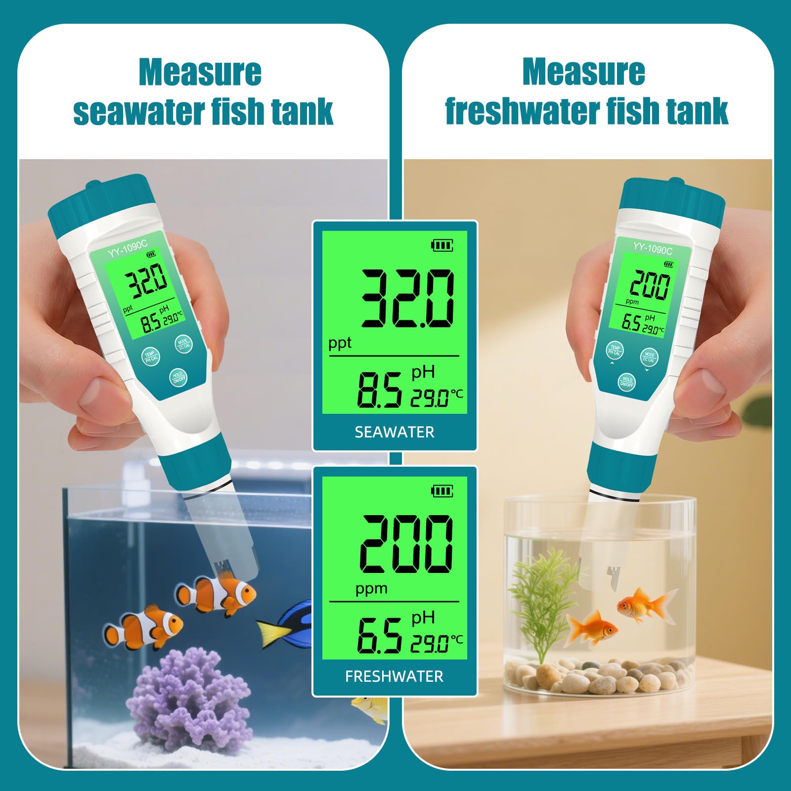 Medidor de pH para hidroponía y medidor de sal de spa - Medidor de pH, salinidad, TDS, EC y temperatura 5 en 1 con calibración de 12,88 mS/cm - Monitor de calidad del agua de piscina de agua salada