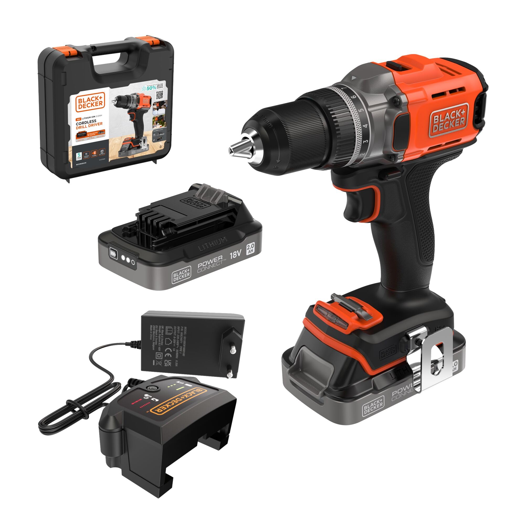 BLACK+DECKER POWERCONNECT™ 18 V wiertarko-wkrętarka akumulatorowa z 2 bateriami 2,0 Ah, ładowarką 1 A i Kitboxem, BCD382D2XK-QW