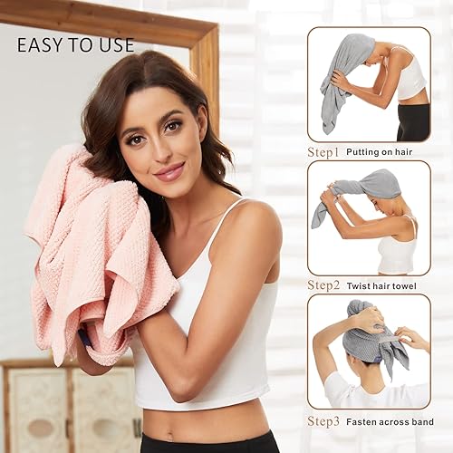 Miniatura 5 de Paquete de 2 toallas grandes de microfibra para mujer, toallas de secado de cabello antiencrespamiento, turbante de cabello de secado rápido, para