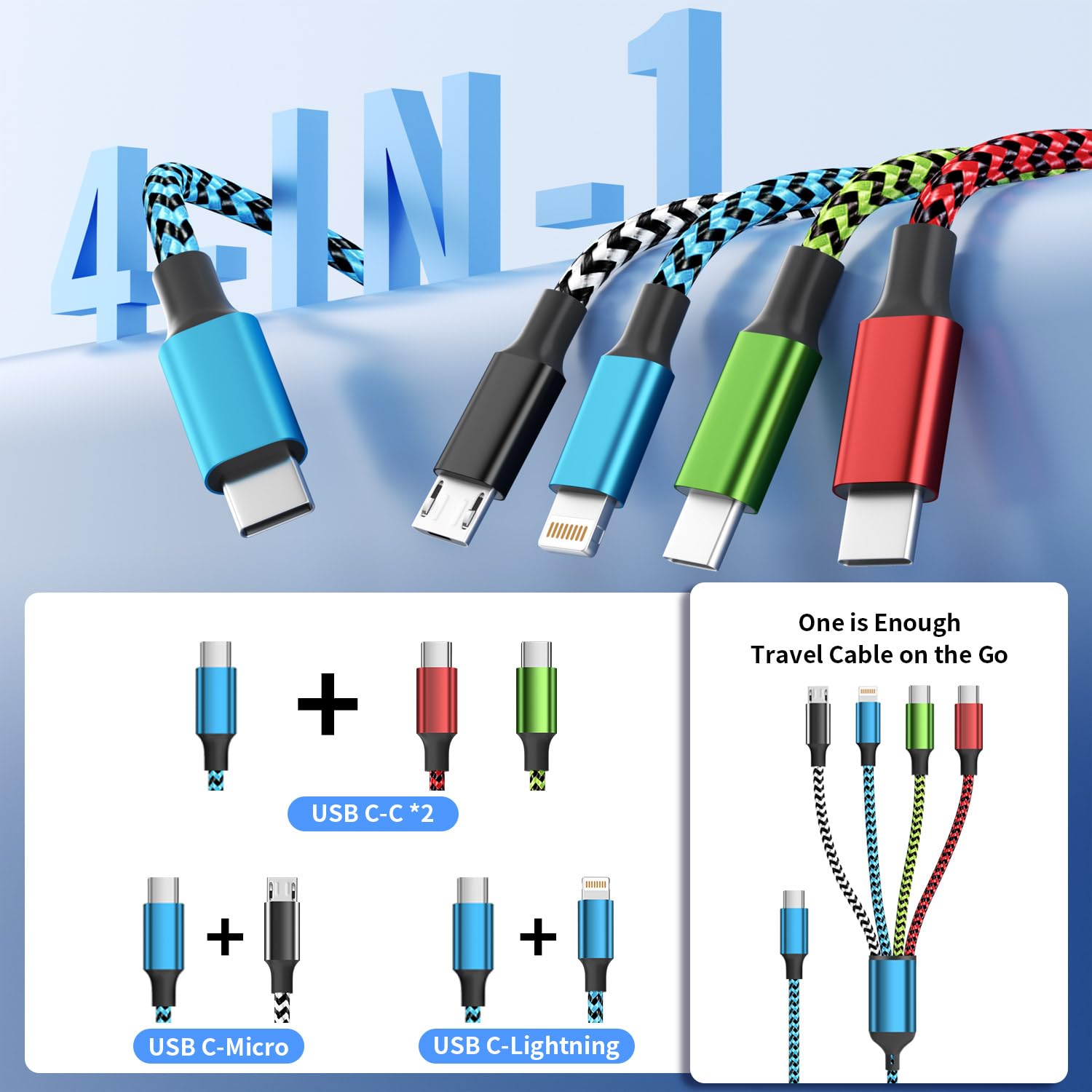 Travel Dual Type-C 4 in 1 Charging Cable, USB C Multi Charging Cable Multi Charging Cable for Multiple Devices, Phone Charging Cable Adapter 2 USB-C/IP/Micro Port for Phones Tablets Galaxy PS & More - Image 2