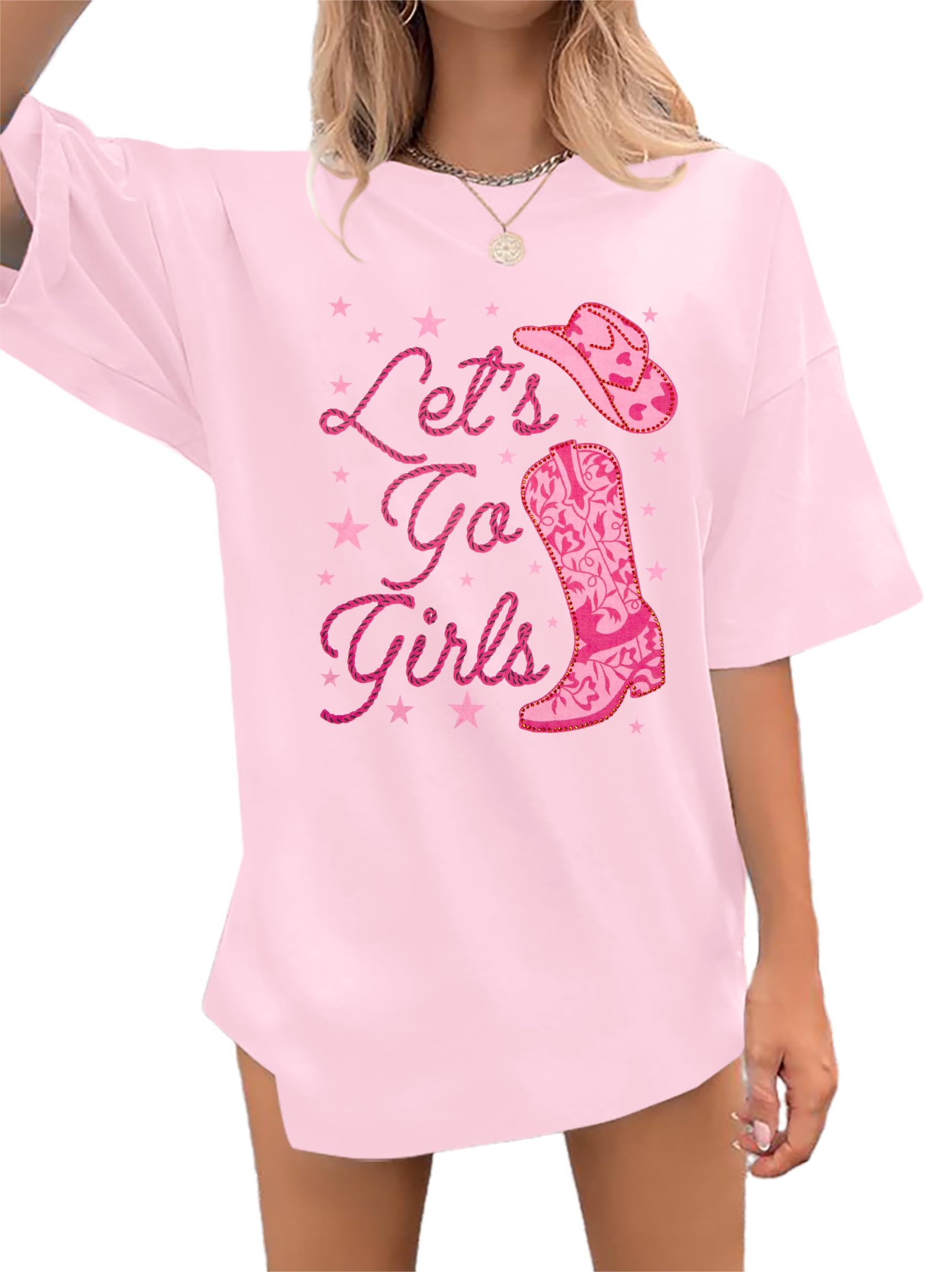 Oversize Western Cowgirl Camicie per le Donne Let's Go Ragazze Camicia Country Music Tee Cappello Stivali Manica Corta Top