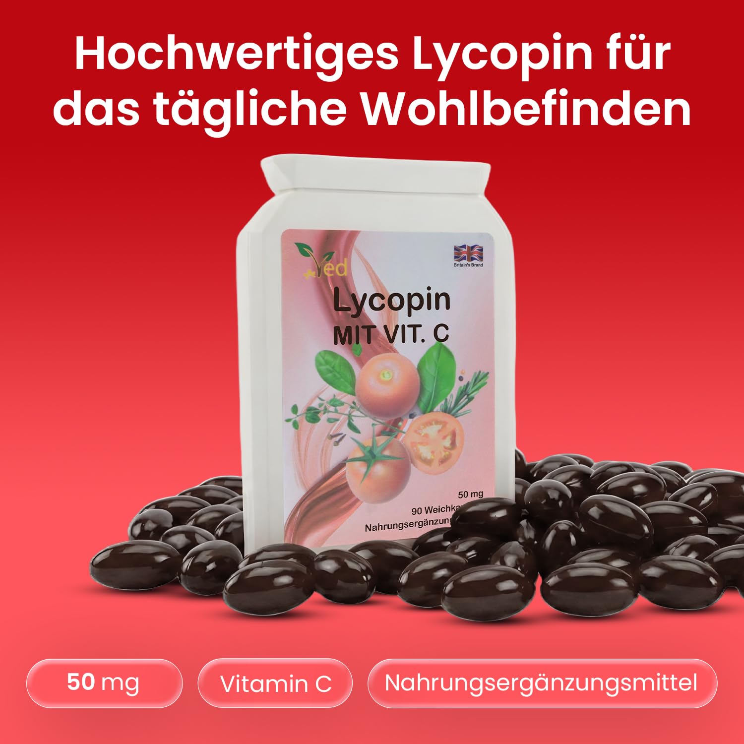 Ved Lycopen-Nahrungsergänzung unterstützt den Energiehaushalt, gentechnikfrei, hoher Lycopen-Gehalt, 50 mg x 90 Softgels, 360-Tage-Vorrat.