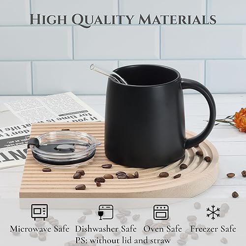 Miniatura 2 de Taza clásica de café grande de 16 onzas con tapa abatible y asa, taza de té de porcelana de cerámica, mate liso (1 unidad, negro)
