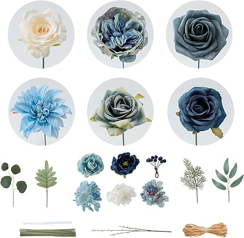 Miniatura 5 de Senseya Caja combinada de flores artificiales para decoración, mezcla de seda de flores falsas con tallos de bricolaje, ramos de boda, flores