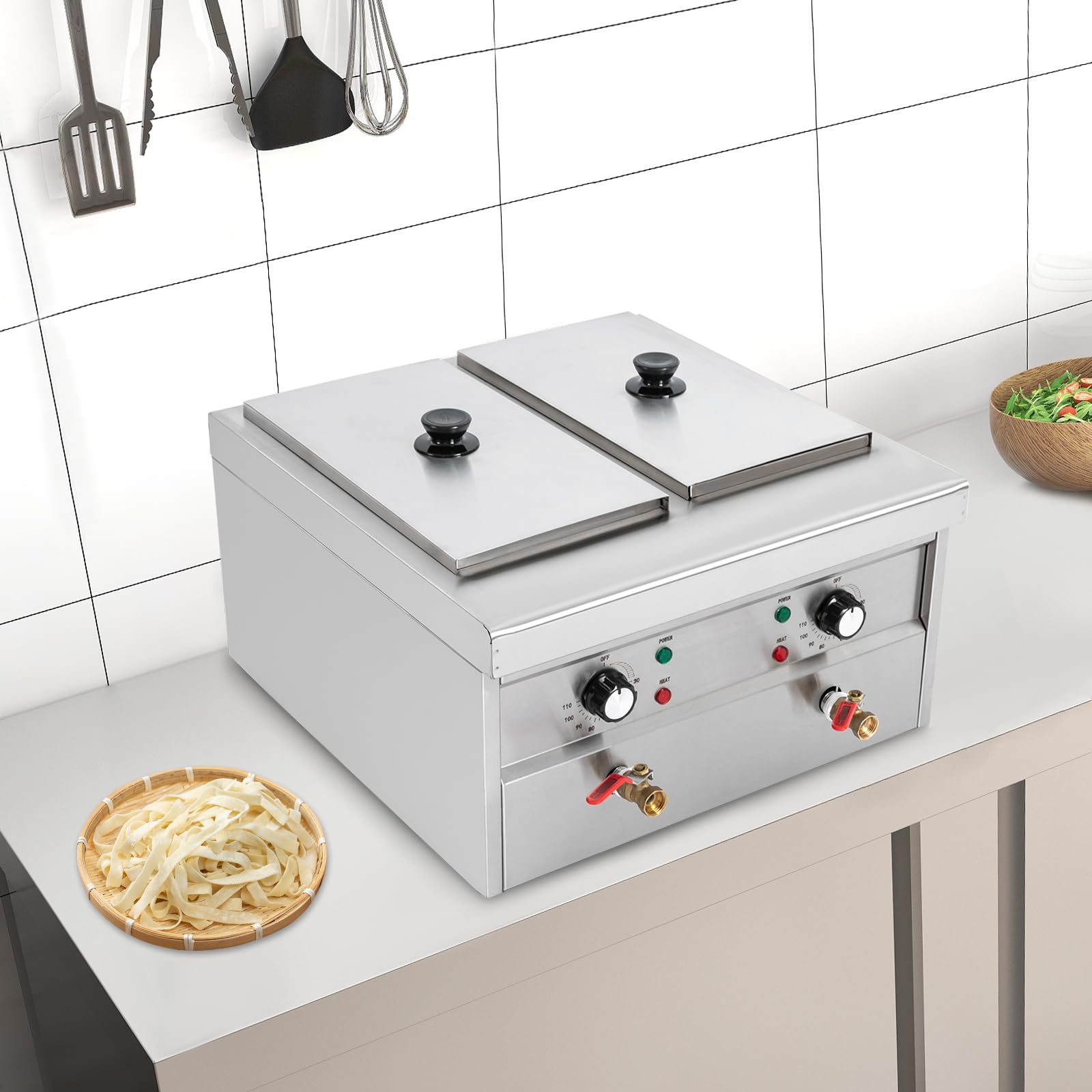 Casseruola per asparagi, fornello per pasta in acciaio inox, 220 V, fornello per pasta con 4 scomparti, pentole per pasta con 4 cestelli, 2 lavelli separati da 9 l, zona di riscaldamento 30-110 °C