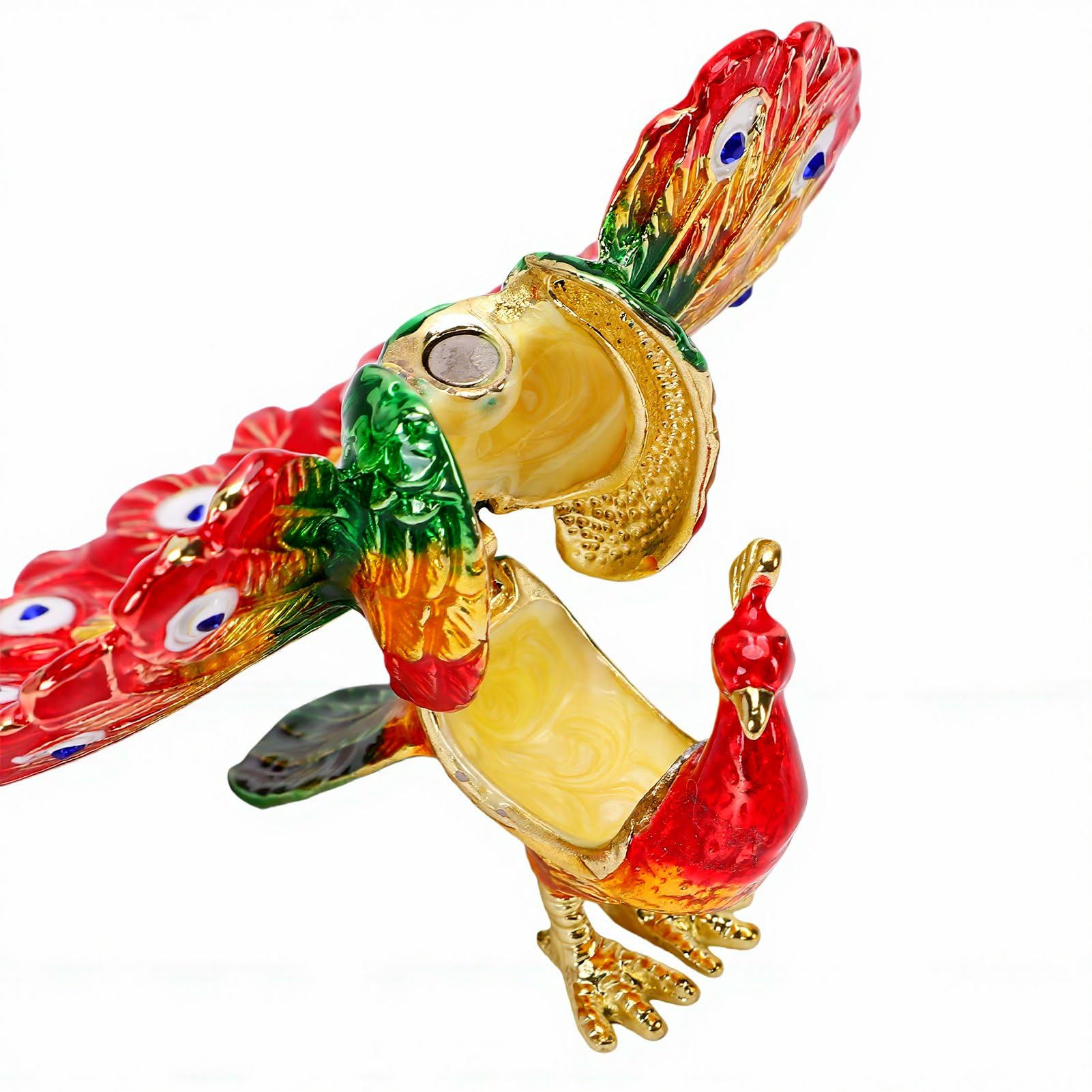 Luocute Caja de Baratija de Pavo Real Esmaltada, Joyero Pintado a Mano con Diamantes de Imitación y Cierre Magnético, para Decoración del Hogar (rojo)