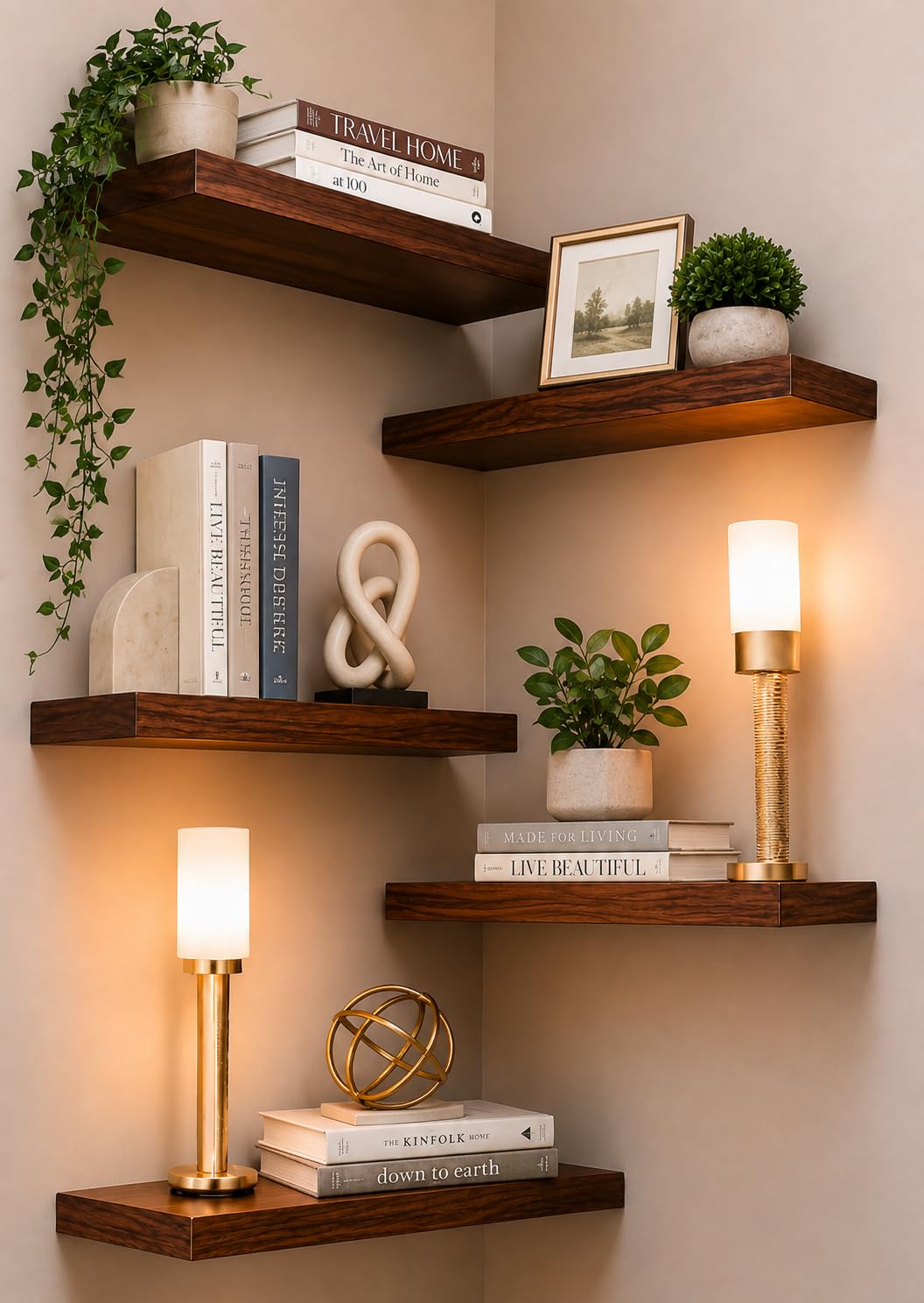 Floating Wooden Shelf – Pack of 5 (Solid Wood Wall Shelves Set) (Walnut Brown)-picture-11