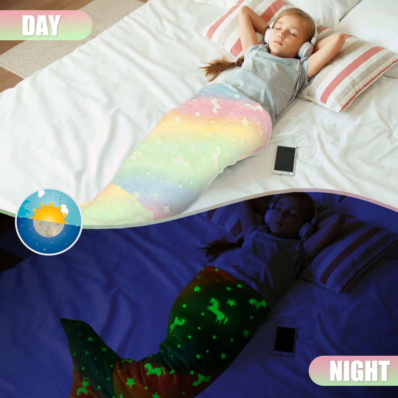 GUIJZSLTRG Kids Mermaid Tail Blanket 50x100cm Luminous Mermaid Blanket Flannel Girls Toys Colorful Snuggle Blankets Wearable Soft Mermaids Sleeping Bag for Toddler Teens Birthday, All Seasons - Image 4