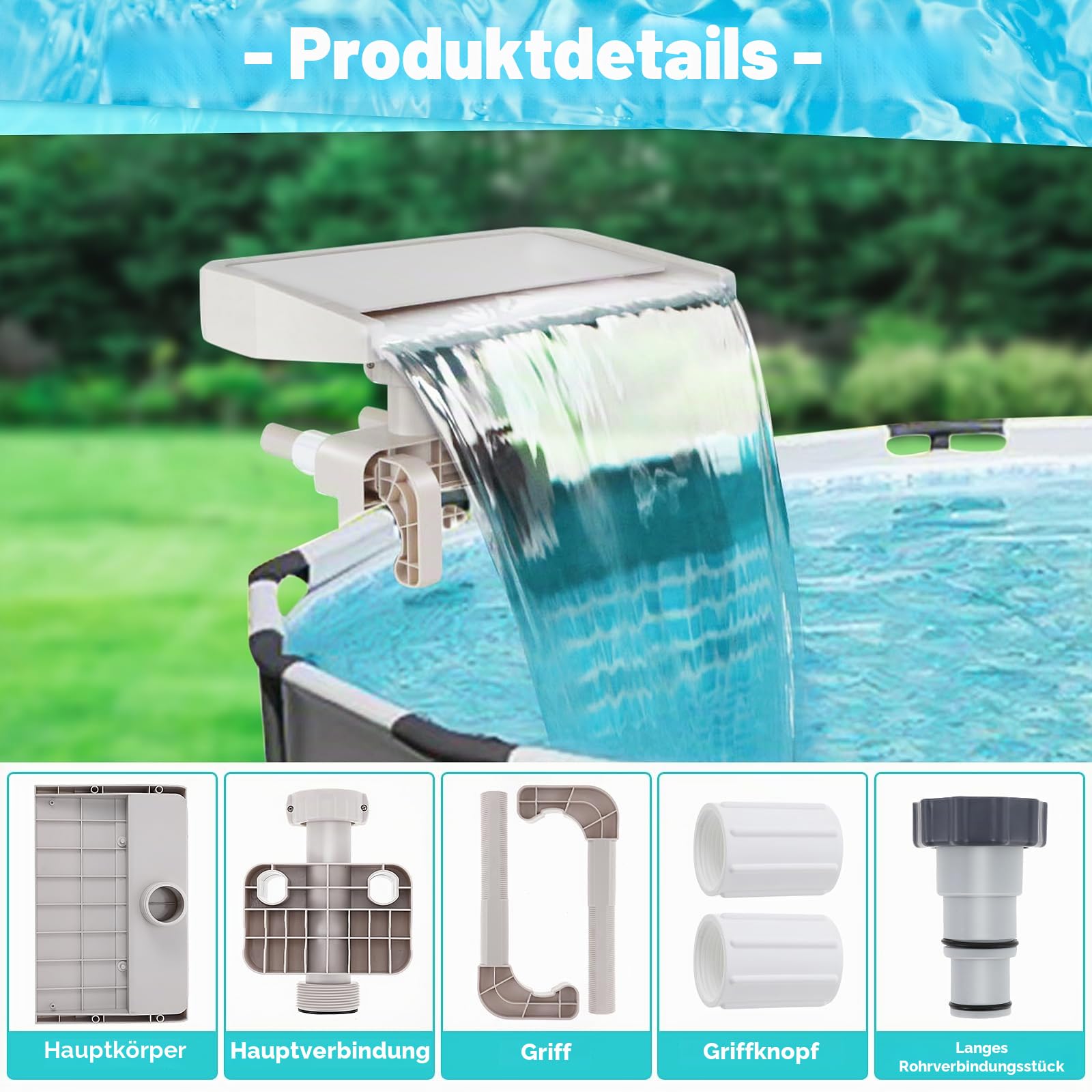 Hanaoyo Poolbrunnen Wasserfall für oberirdische Becken, sanft fliessender Poolwasserfall, Zubehör für oberirdische Pools, kühlende und entspannende Poolbrunnen für Außendekoration, Schwimmbecken