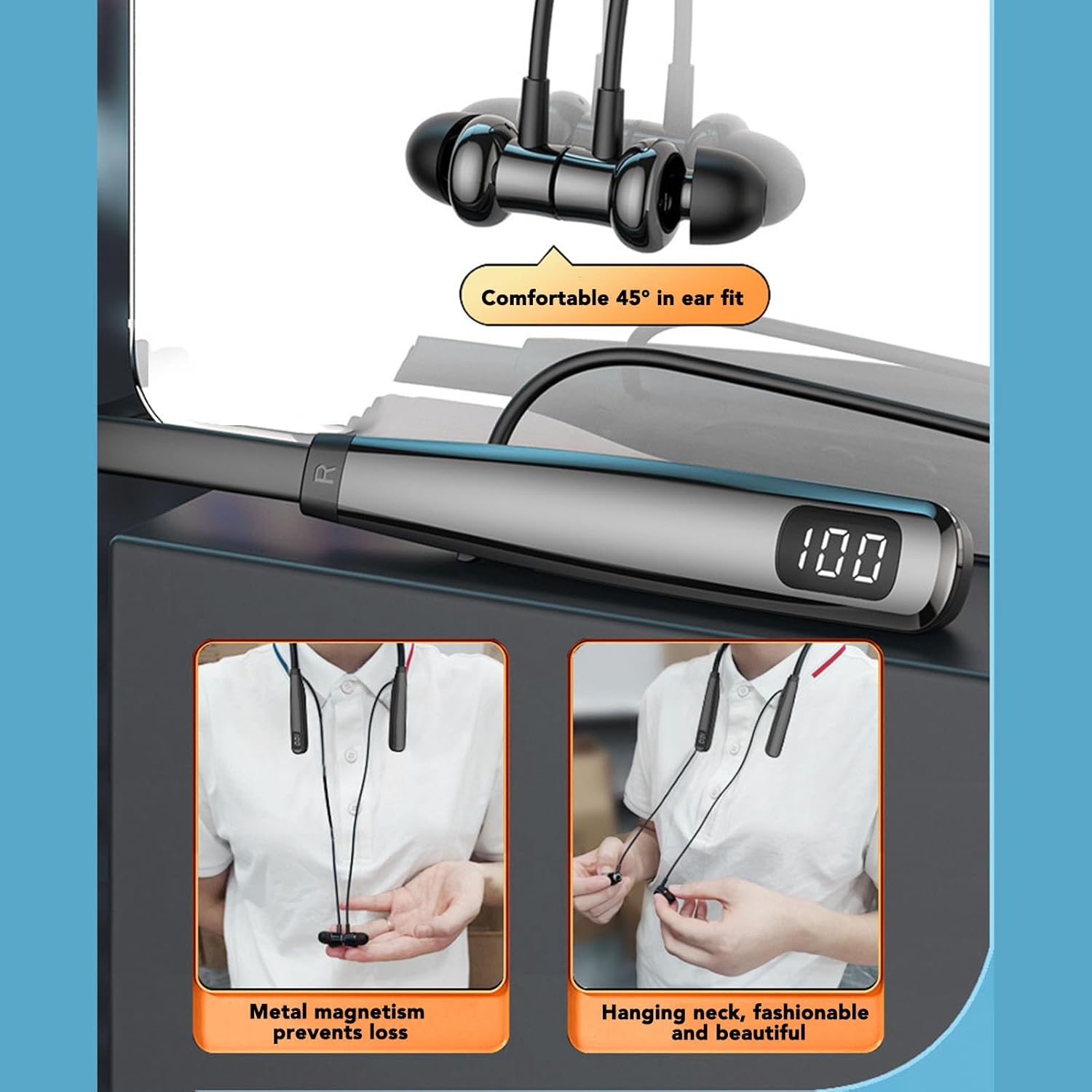 Neckband Bluetooth Headphones, Wireless Earbuds Half in Ear Design, 100 Hours of Listening Time, for Running, Exercising, Traveling, Business Trips