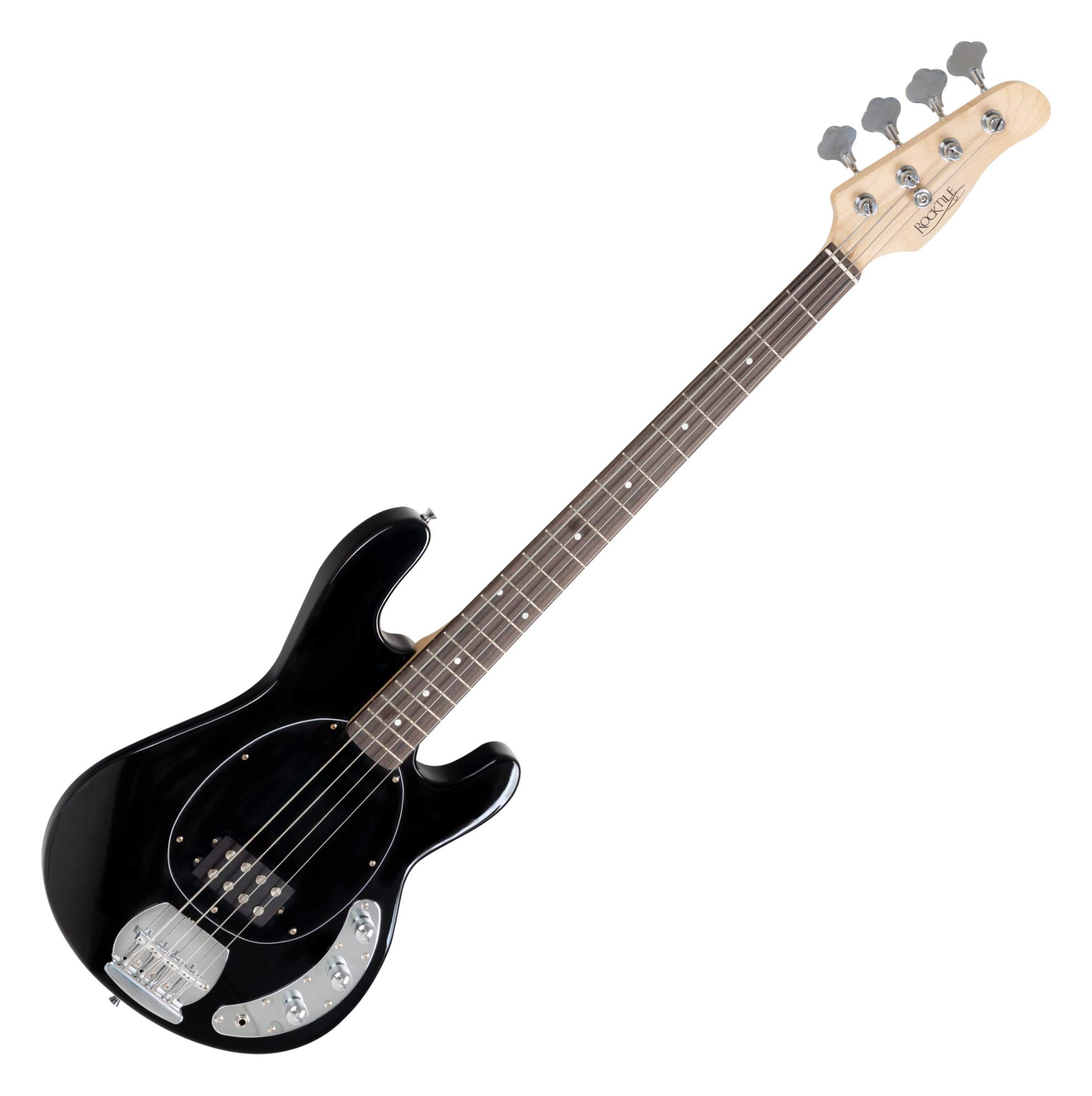 Rocktile MB-4 BK E-Bass Super Set - Body: Linde, Hals: Ahorn - 2 Single Coil-Pickups im Humbucker-Format - Inklusive Amp, Gigbag, Tuner, Gurt, Ständer, Kabel und Schule - Schwarz