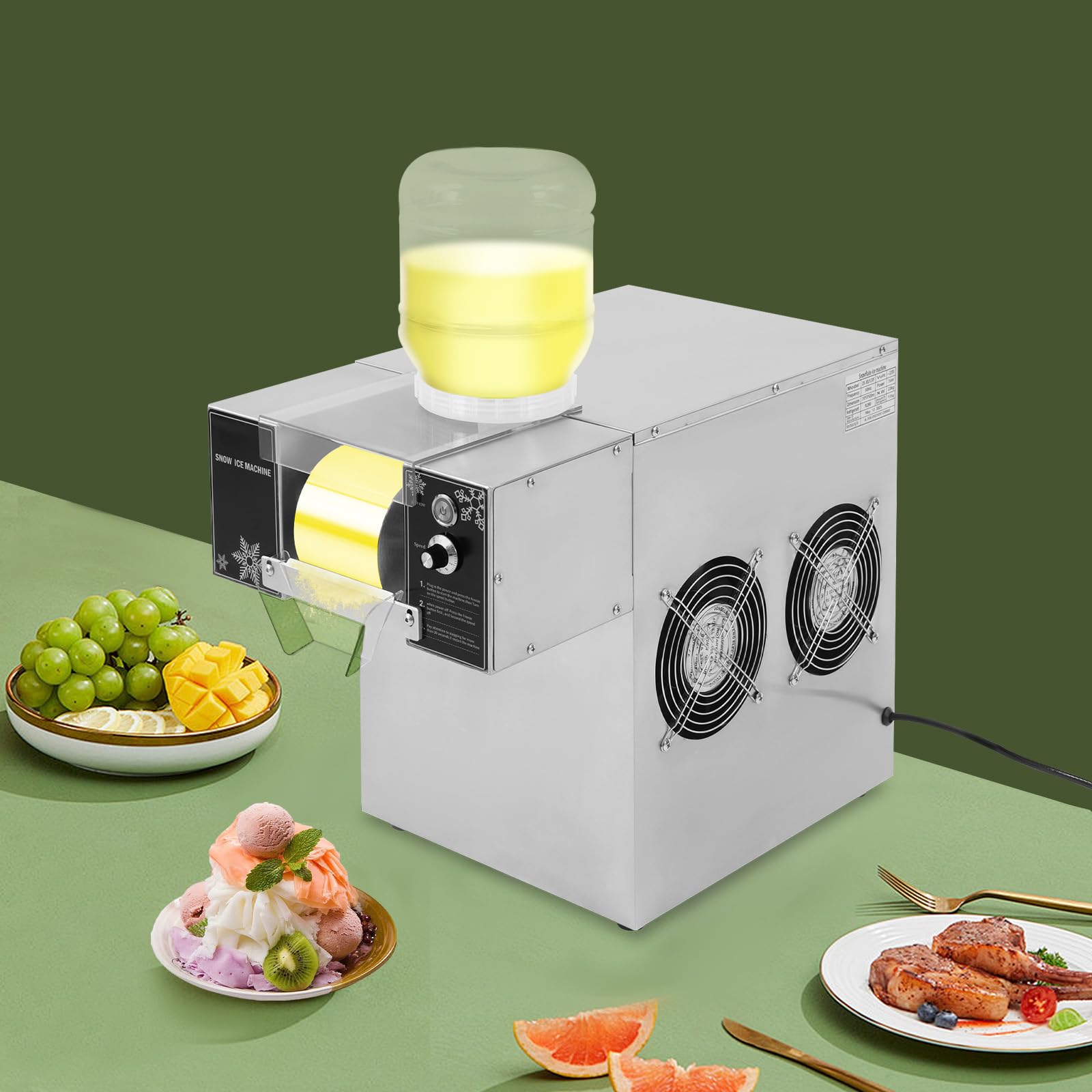 Professionelle Schneeflockeneismaschine 120kg/Tag 304 Edelstahl 8 Geschwindigkeiten Luftkühlung Doppelbehälter 5L x2 220V