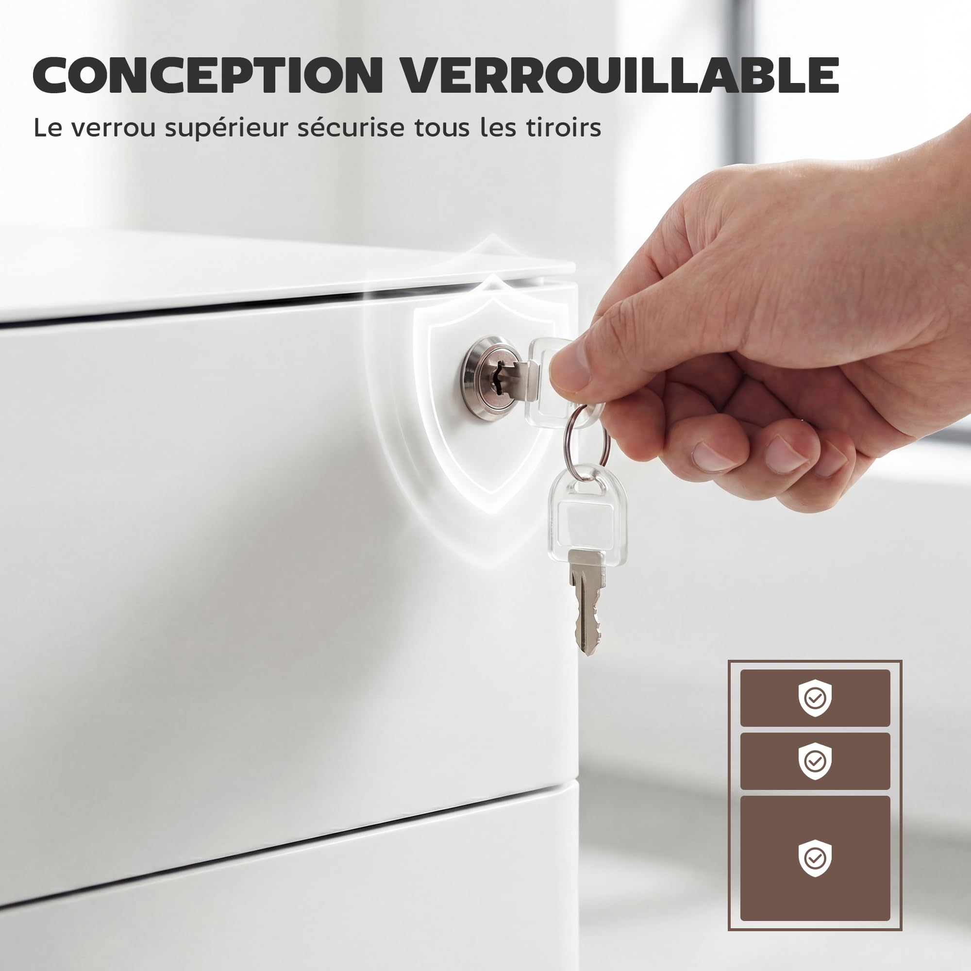 HOMCOM Vinsetto Caisson de Bureau Rangement Bureau sur roulettes 3 tiroirs coulissants verrouillables trieur à dossiers dim. 39L x 48I x 59H cm Acier Blanc