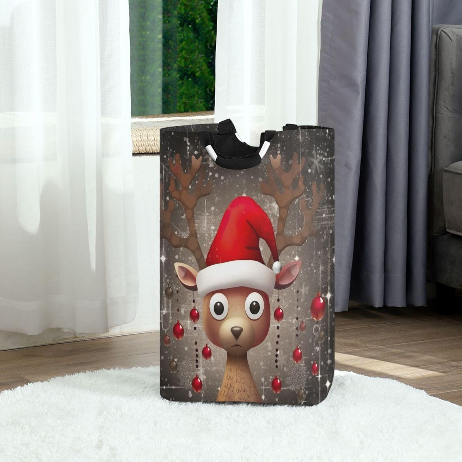 Jihqo Laundry Hamper Basket Christmas Deer Collapsible Nursery Storage Bin Waterproof Clothing Baskets for Home Bedroom Bathroom Washing Room