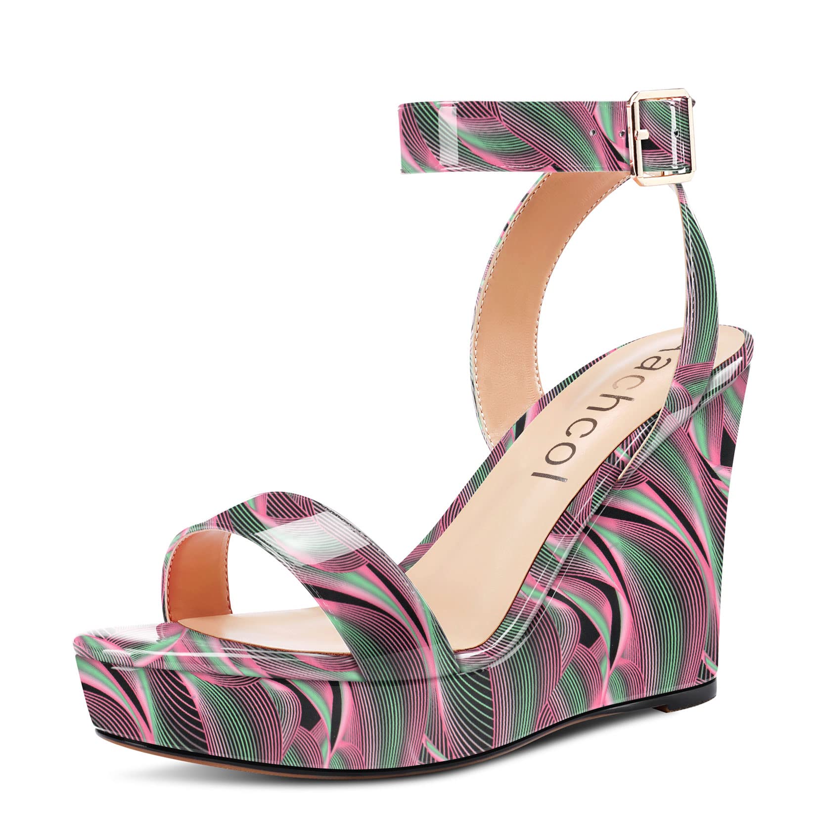 Aachcol Women Platform Wedge Sandals Round Peep Open Toe Ankle Strap Slingback Two-Piece Chunky Block High Heel Dress Shoes Pumps Party Patent 4 Inch