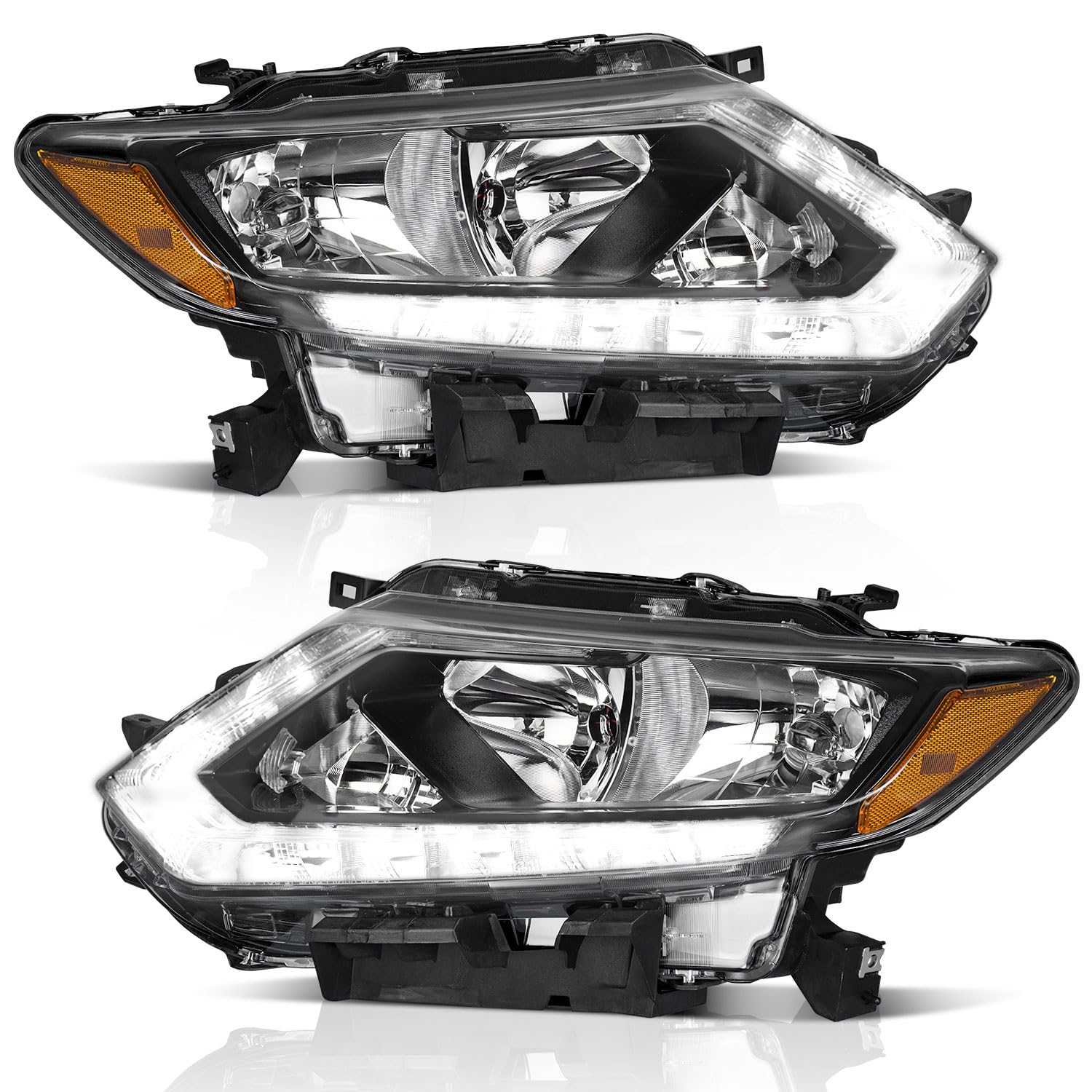 WEELMOTO Headlights Assembly Compatible with 2014 2015 2016 Nissan Rogue with LED DRL Strip Pair, Fits Factory Halogen Models Only (NO PROJECTOR & NOT FOR FACTORY LED MODELS)