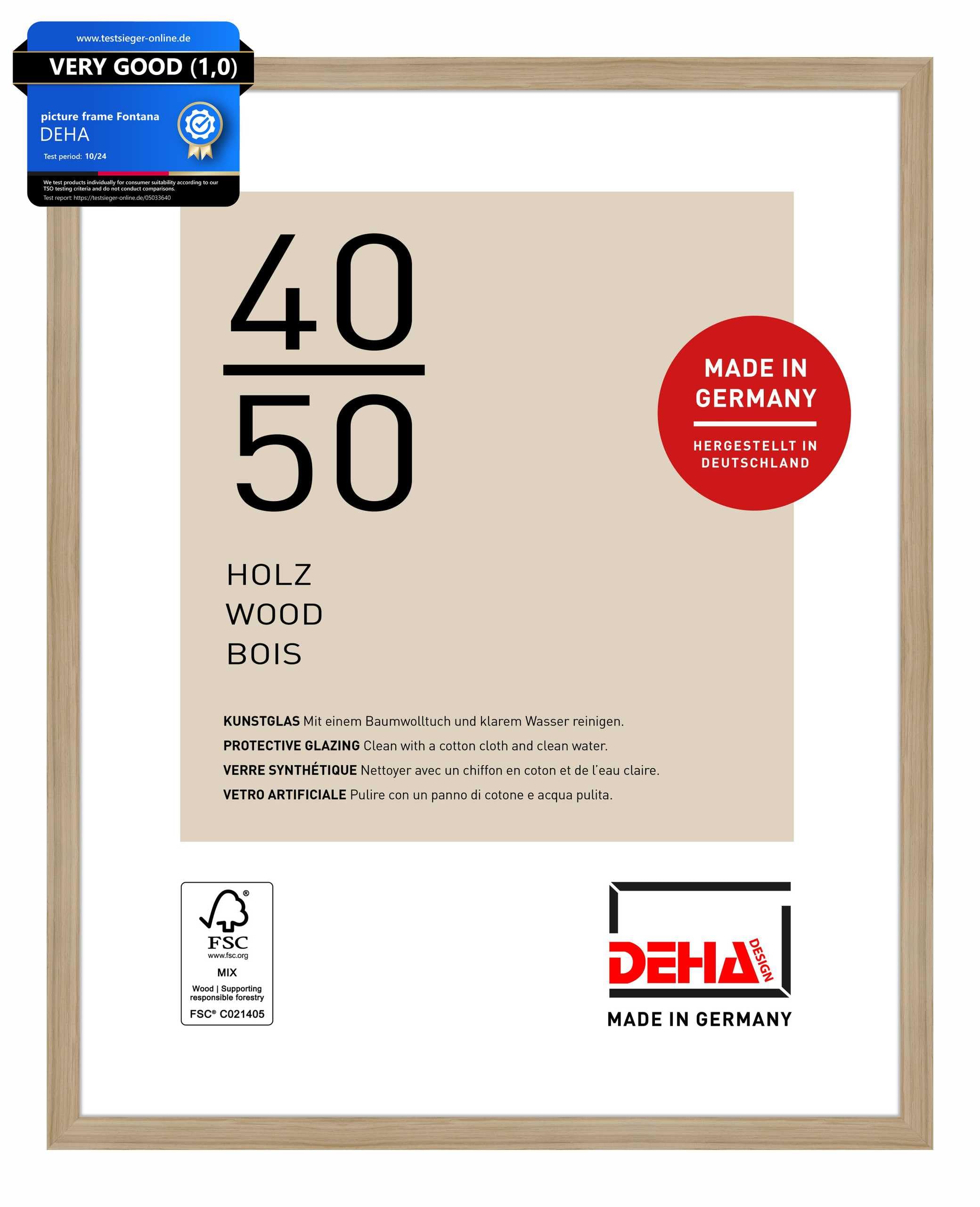Deha Design Oak Fontana Wooden Picture Frame - 40X50 Cm – - With Synthetic Glass And Push/Turn Clips