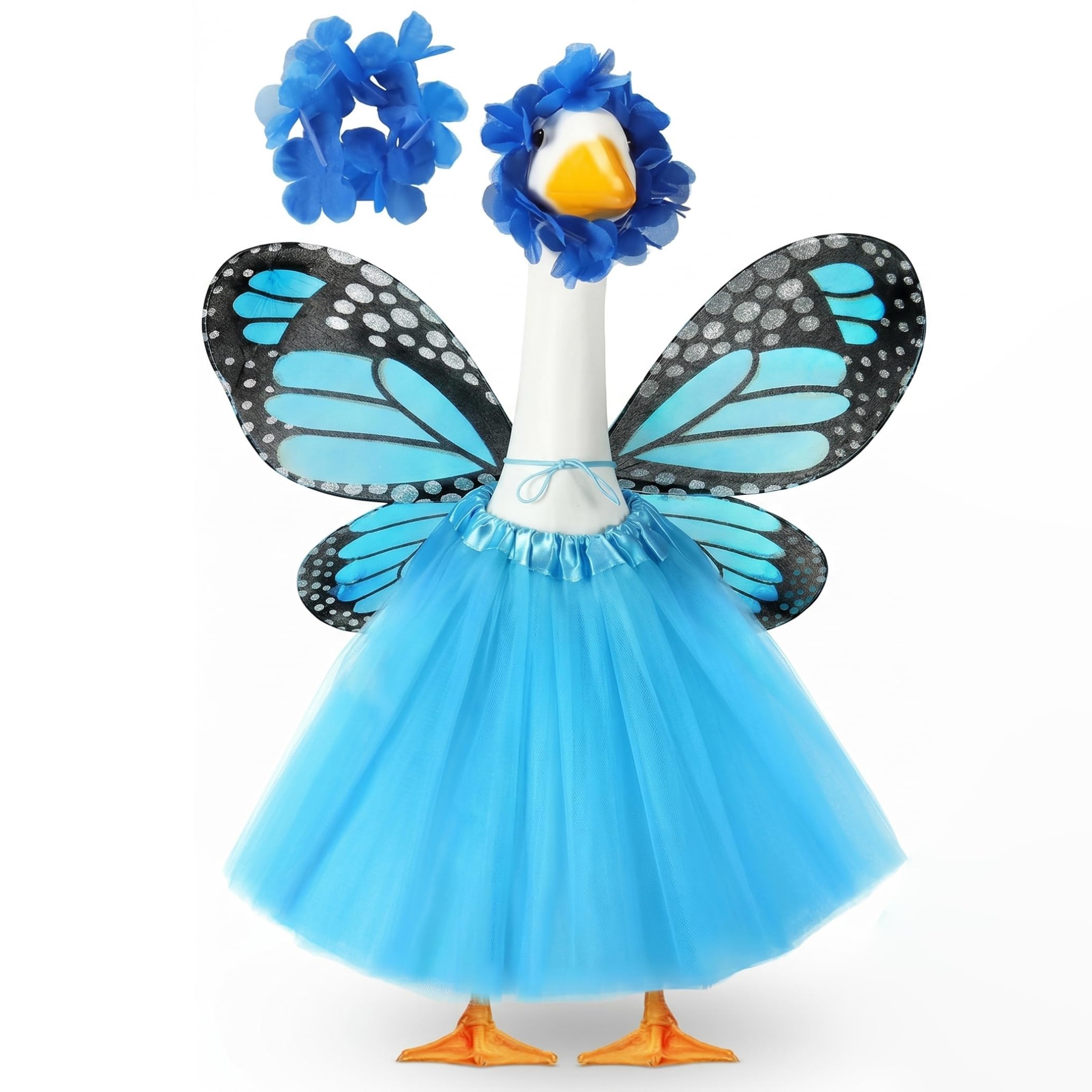 Striegro 5PCS/Set Butterfly Goose Outfit, Gooses Accessories Set with Wing, Dress & Wand & Garland, Fits up to 23 Inch Geese, Blue.