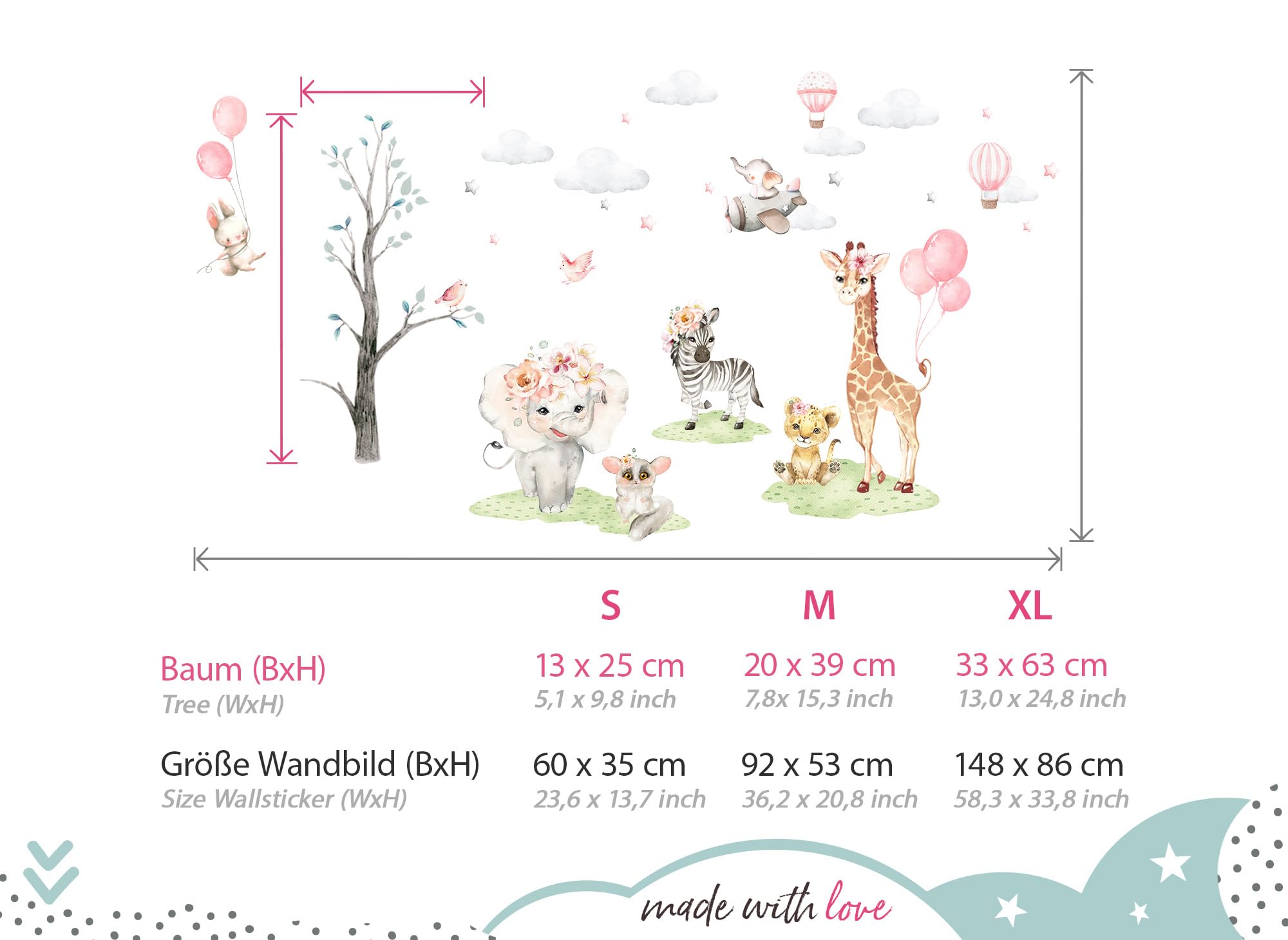 Little Deco Naklejka ścienna do pokoju dziecięcego dziewczynki zwierzęta naklejki ścienne zebra słoń zając lew, obraz ścienny, balon, chmury, dżungla, gwiazdy, DL711-4
