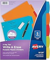 Vista 2 de Avery Big Tab - Separadores de plástico duraderos para escribir y borrar, 5 pestañas multicolores, 1 juego (16129) y separadores de plástico