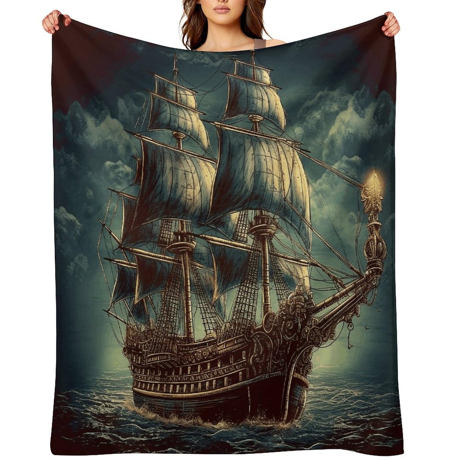Nautical Vintage Sailing Pirate Ship Throw Blanket for Couch and Bed Super Soft Warm Lightweight Throw Blankets Cozy Fuzzy Flannel Blanket Personalized Decorative Blankets for Sofa Decor 60"x80"