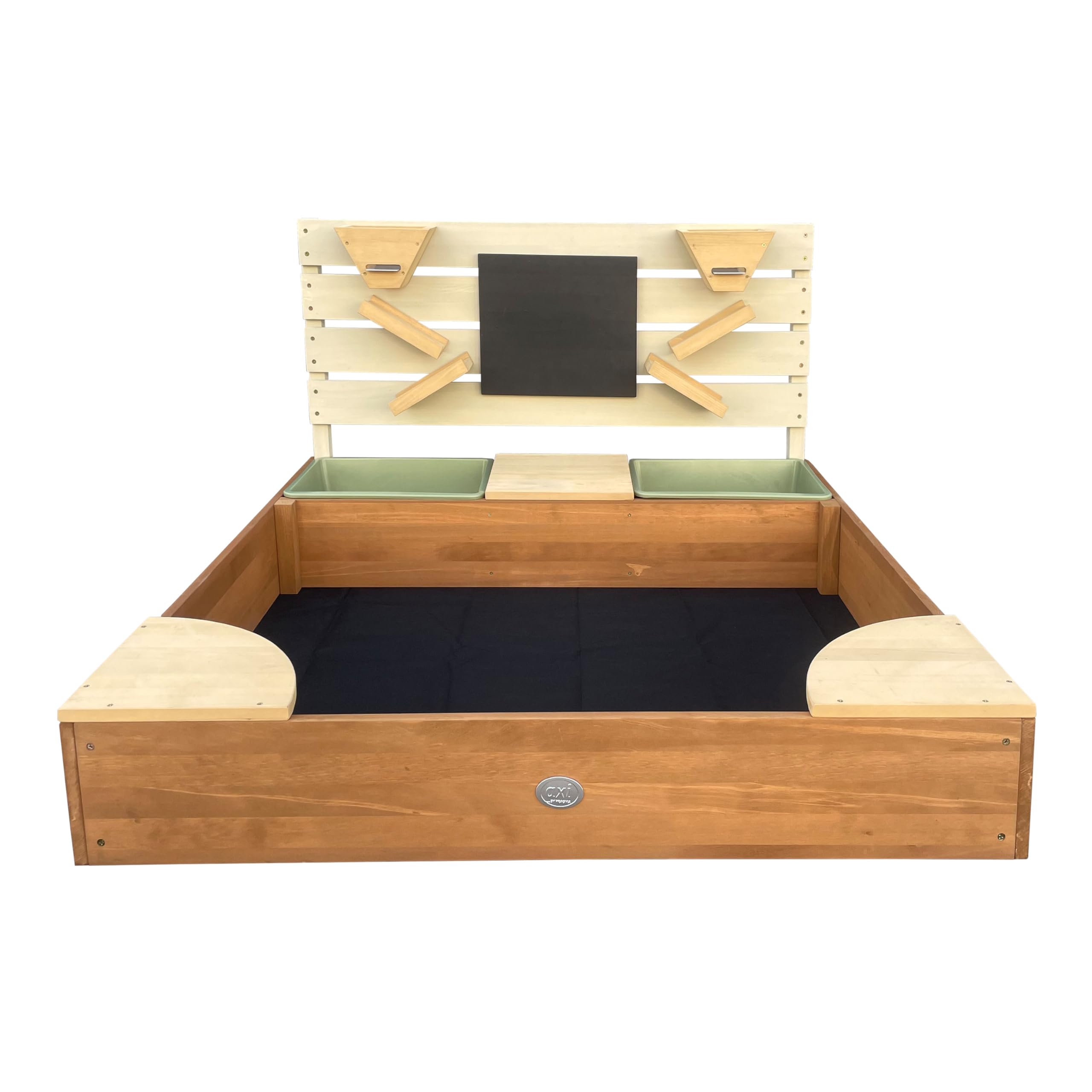 AXI Cato Sandkasten aus Holz mit Behältern für z.B Wasser, Stauraum, Kreidetafel & Spielwand - Beige und Braun | Sandkasten inklusive Trichter | Mit Plane & Bodentuch | 105x100x58,5 cm