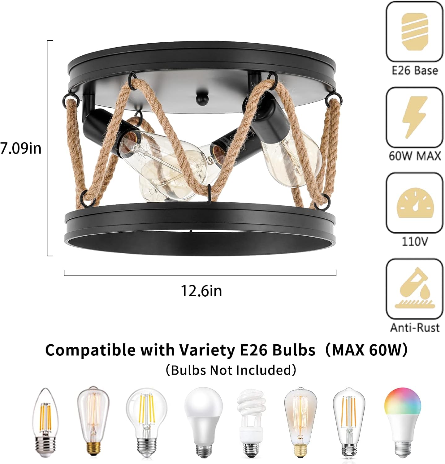 Industrial 3-Light Farmhouse Ceiling Light Fixture with Rope Shade, Rustic Vintage Black Metal Round Ceiling Lamp for Dining Room, Hallway, Foyer, Bedroom, Entryway