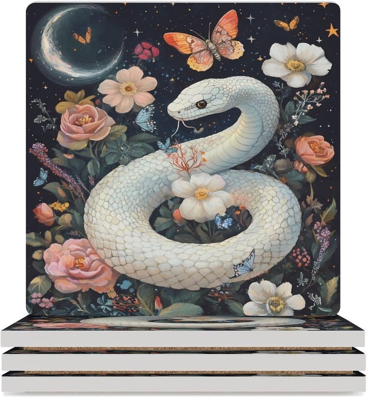 Moon Galaxy Snake Ceramic Coasters Square Drinks Coaster Coffee Table Decor Table Coaster for Home Bar