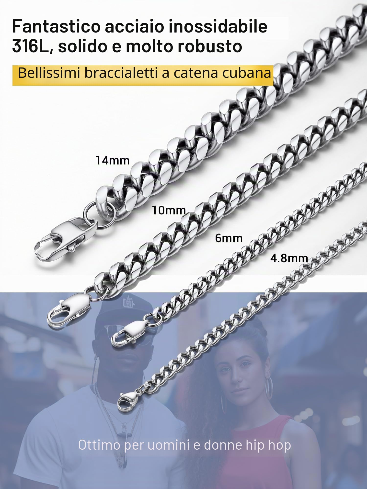 PROSTEEL Bracciale Uomo, Argento Nero Oro, Acciaio Inox Impermeabile,Catena Cubana Robusta Grossa, Hip Hop Punk