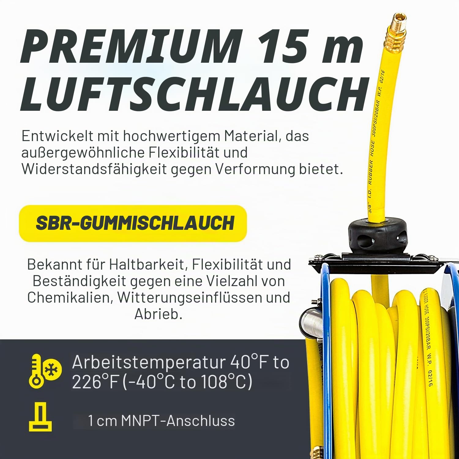 Goodyear Schlauchtrommel Stahl Einziehbare Air Compressor Schlauchaufroller mit 9,5mm × 15m schlauchaufroller automatik Luftschlauchtrommel