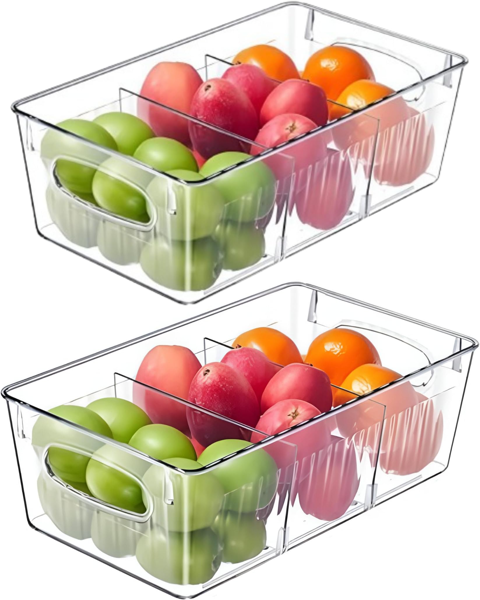 Stackable Acrylic Fridge Organizer Bins with Removable Dividers, Clear Food-Grade Refrigerator Storage Containers for Fruits, Vegetables, Pantry & Kitchen, BPA-Free Fridge Organiser with Handle (2)