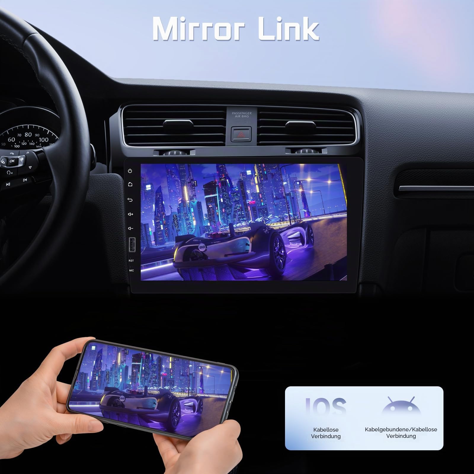 Rimoody Autoradio 1 DIN mit Wireless CarPlay & Android Auto, 9 Zoll Touchscreen, Mirror Link, DVR, Lenkradsteuerung, 12-LED Rückfahrkamera, für Auto