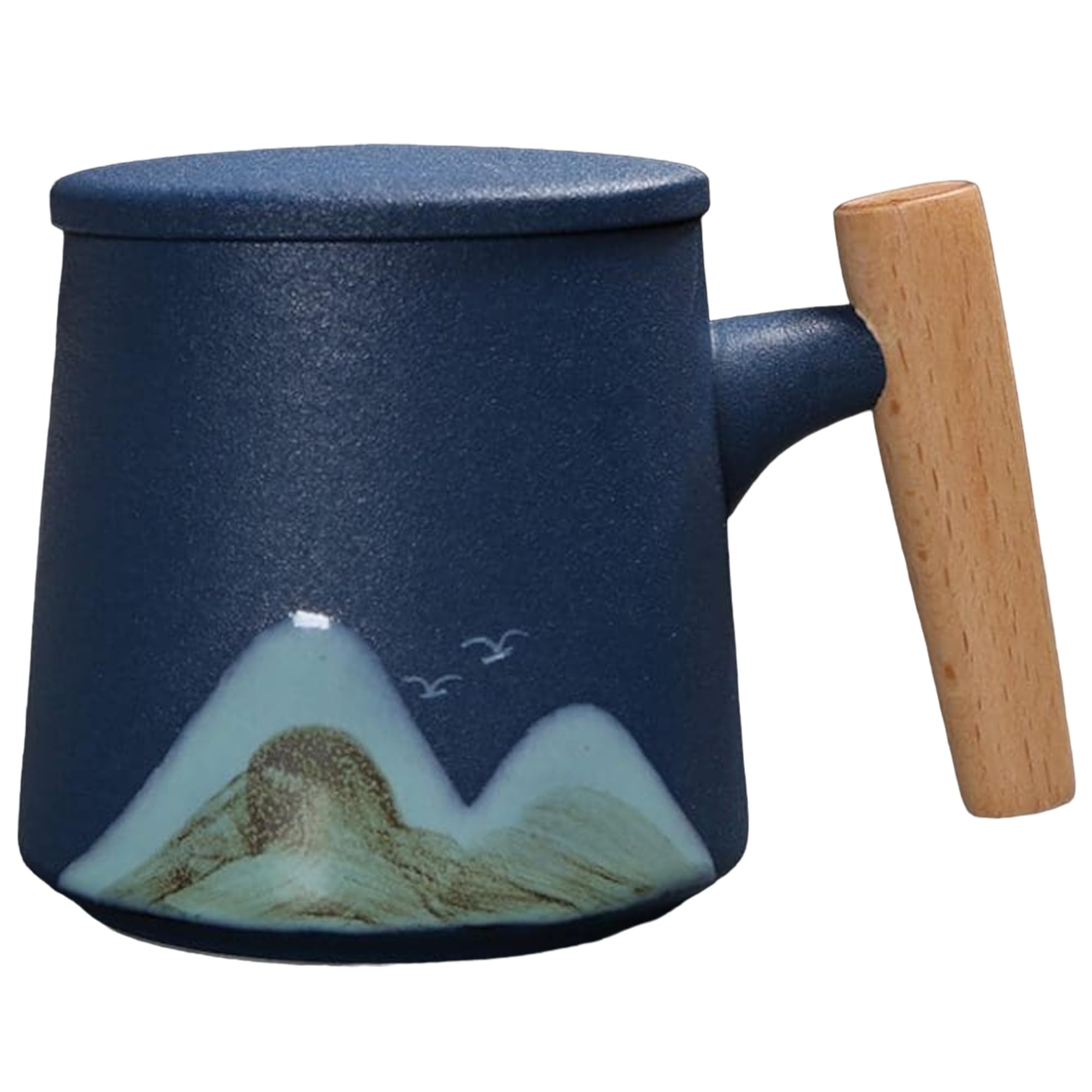 Laurel & Mason400ml Ceramic Coffee Mug 14oz with Wooden Handle and Lid, Pottery Cup for Home and Office, Christmas Birthday Gift (Navy)