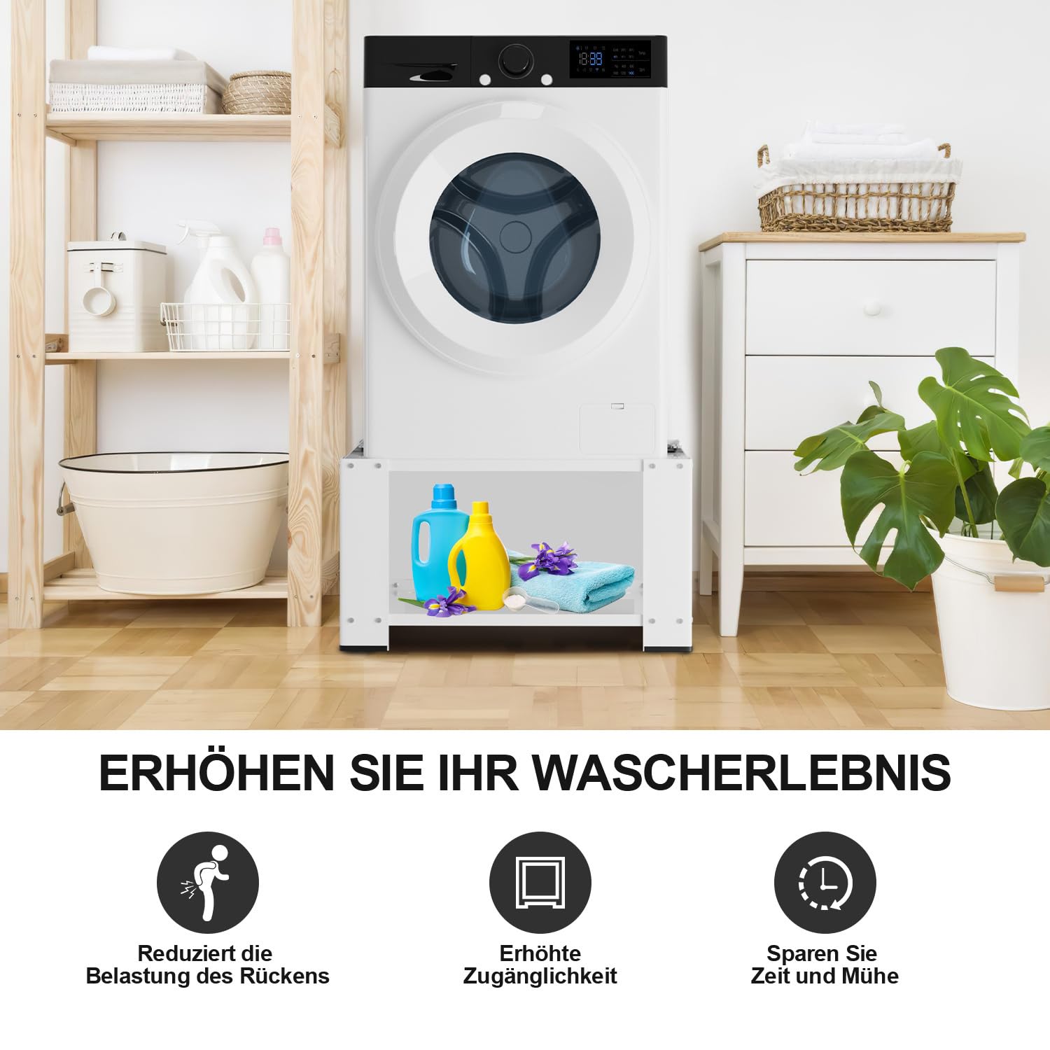 Waschmaschinensockel 60×60×40 cm, bis 150 kg tragfähig, Sockel für Waschmaschine & Wäschetrockner, mit Einlegeboden & Gummipolster, weiß