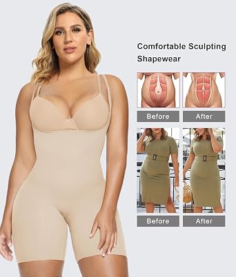 SHAPERX Open Bust Shapewear Bodysuit for Women, Tummy Control Body Shaper, Mid-Thigh Seamless Compression Shorts, Butt Lifting & Thigh Smoothing Shapewear with Adjustable Straps