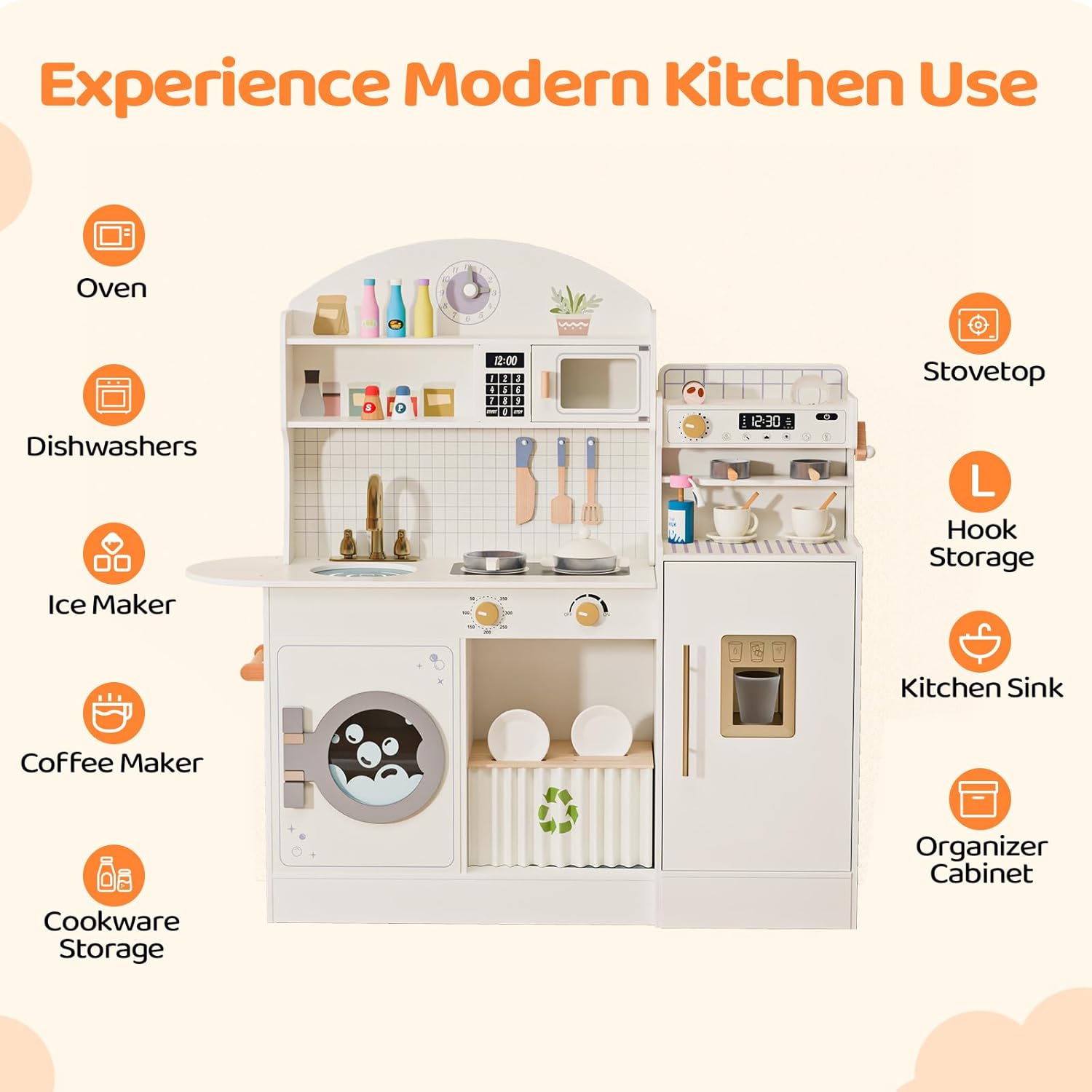 Features of the JOYMOR Play Kitchen including oven, dishwasher, ice maker, coffee maker, stovetop, hook storage, kitchen sink, and organizer cabinet.