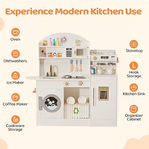 Miniatura 2 de JOYMOR Cocina de juego de madera con máquina de café, muchos accesorios de cocina de simulación, diseño de cocina para niños, el mejor regalo para